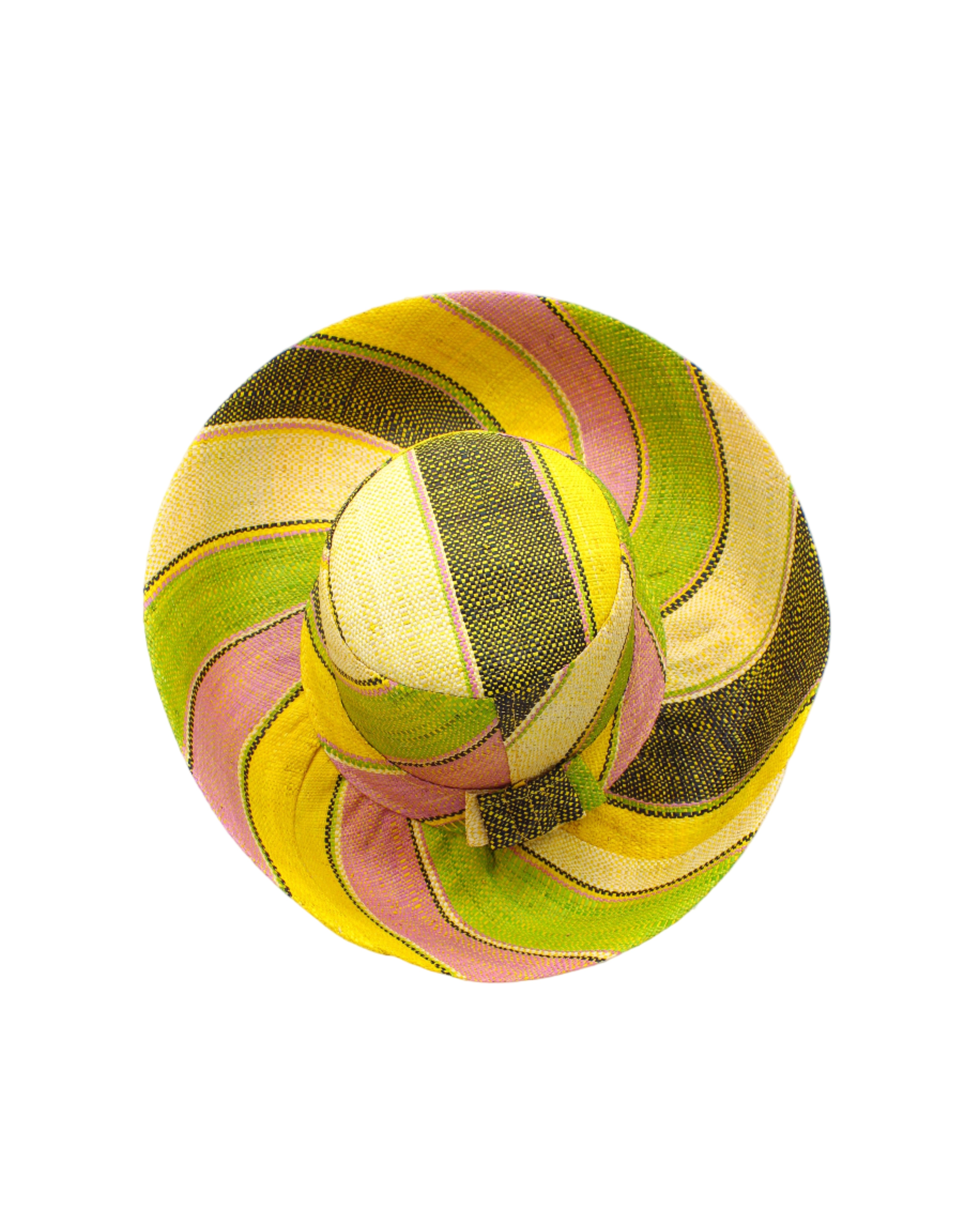 Monica 5" & 7" Wide Brim Lemonade Swirl Multicolor Stripes Packable Straw Sun Hat Handmade loomed raffia in multi width bands of yellow, wisteria light/purple/pink, midori lime/green, black, natural straw color etc. create a swirl pattern - Shebobo