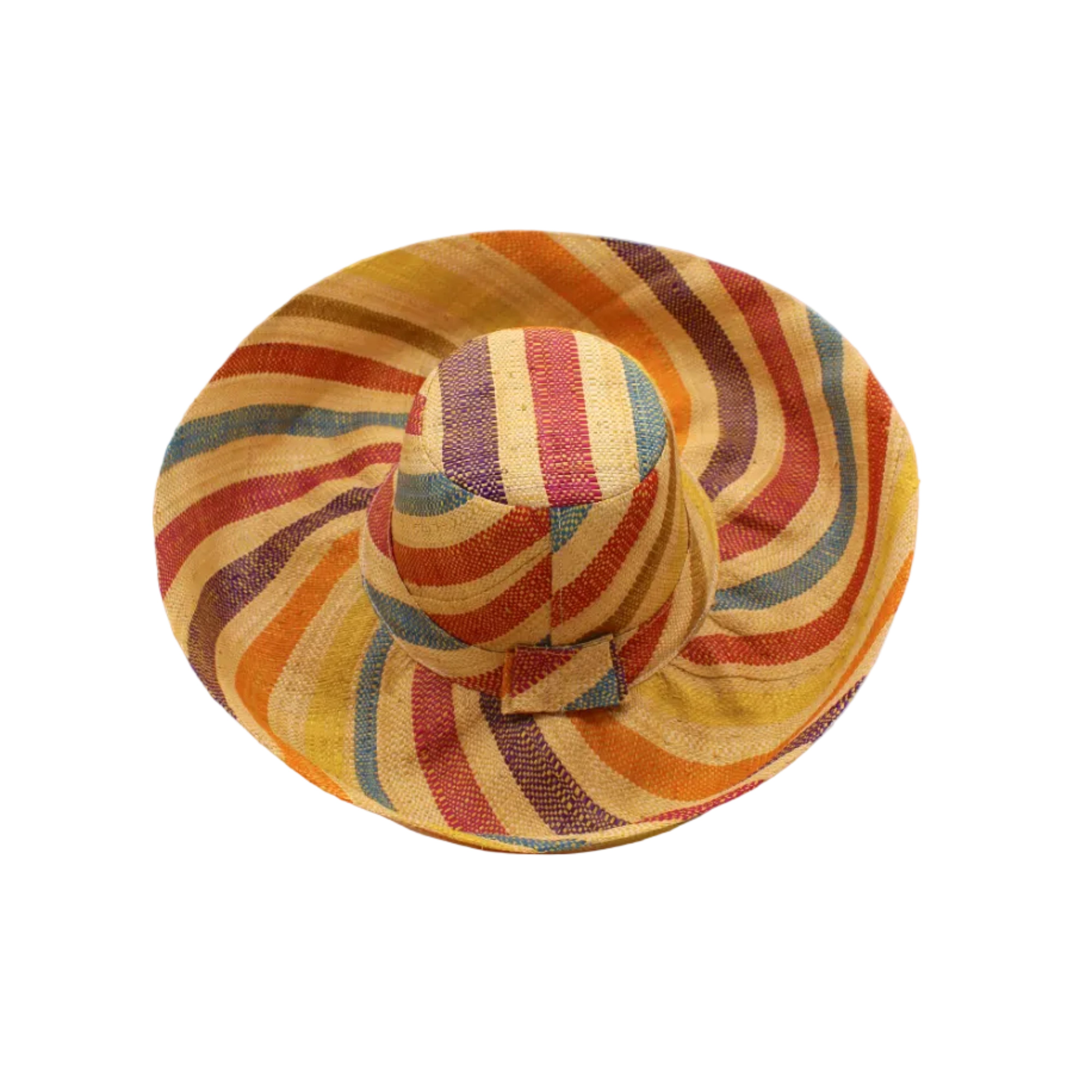 Monica 5" & 7" Wide Brim Lingonberry Swirl Multicolor Stripes Packable Straw Sun Hat handmade loomed raffia in bands of natural straw color, red, purple, yellow, orange, turquoise blue, etc. stripes create a swirl pattern - Shebobo