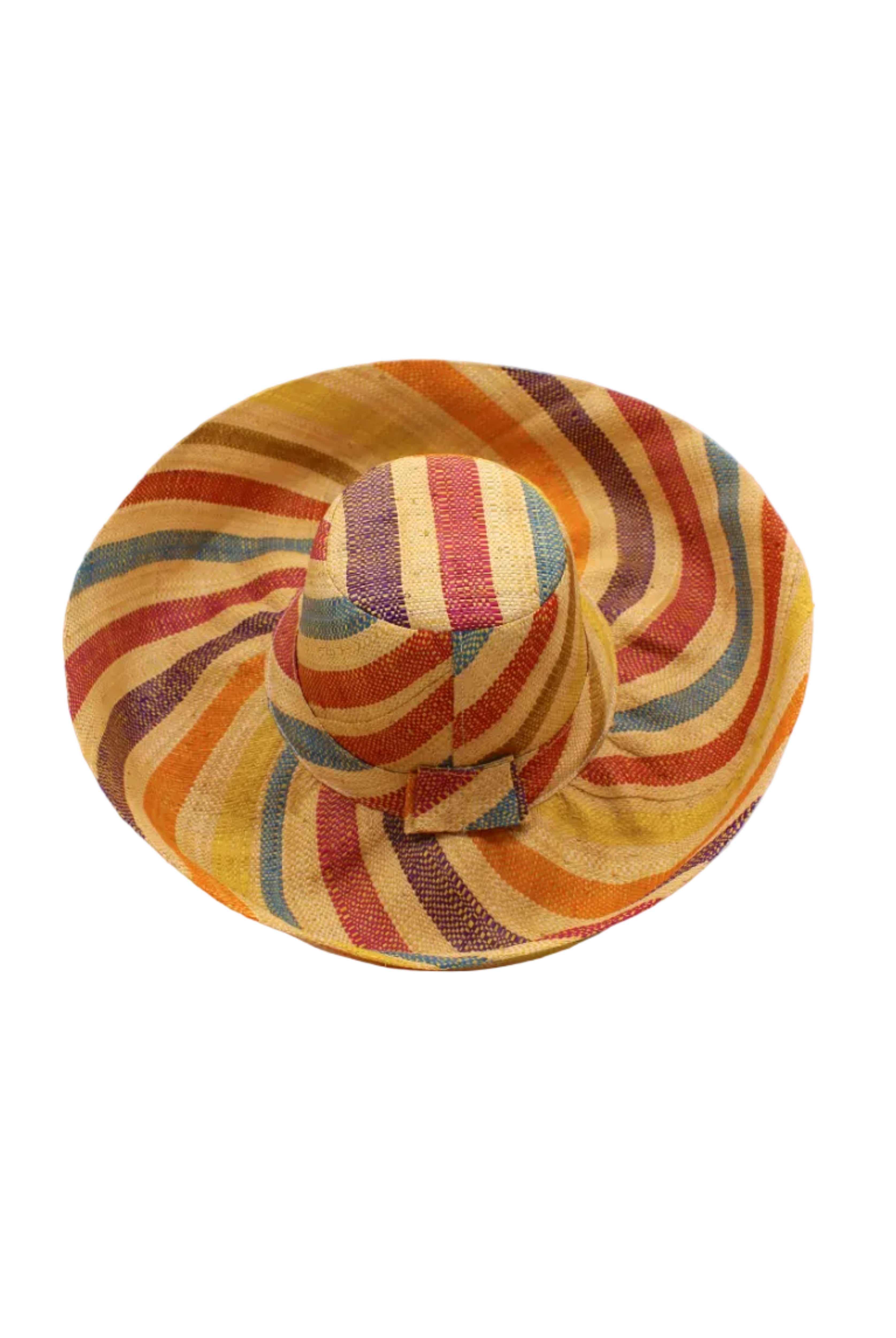 Monica 5" & 7" Wide Brim Lingonberry Swirl Multicolor Stripes Packable Straw Sun Hat handmade loomed raffia in bands of natural straw color, red, purple, yellow, orange, turquoise blue, etc. stripes create a swirl pattern - Shebobo