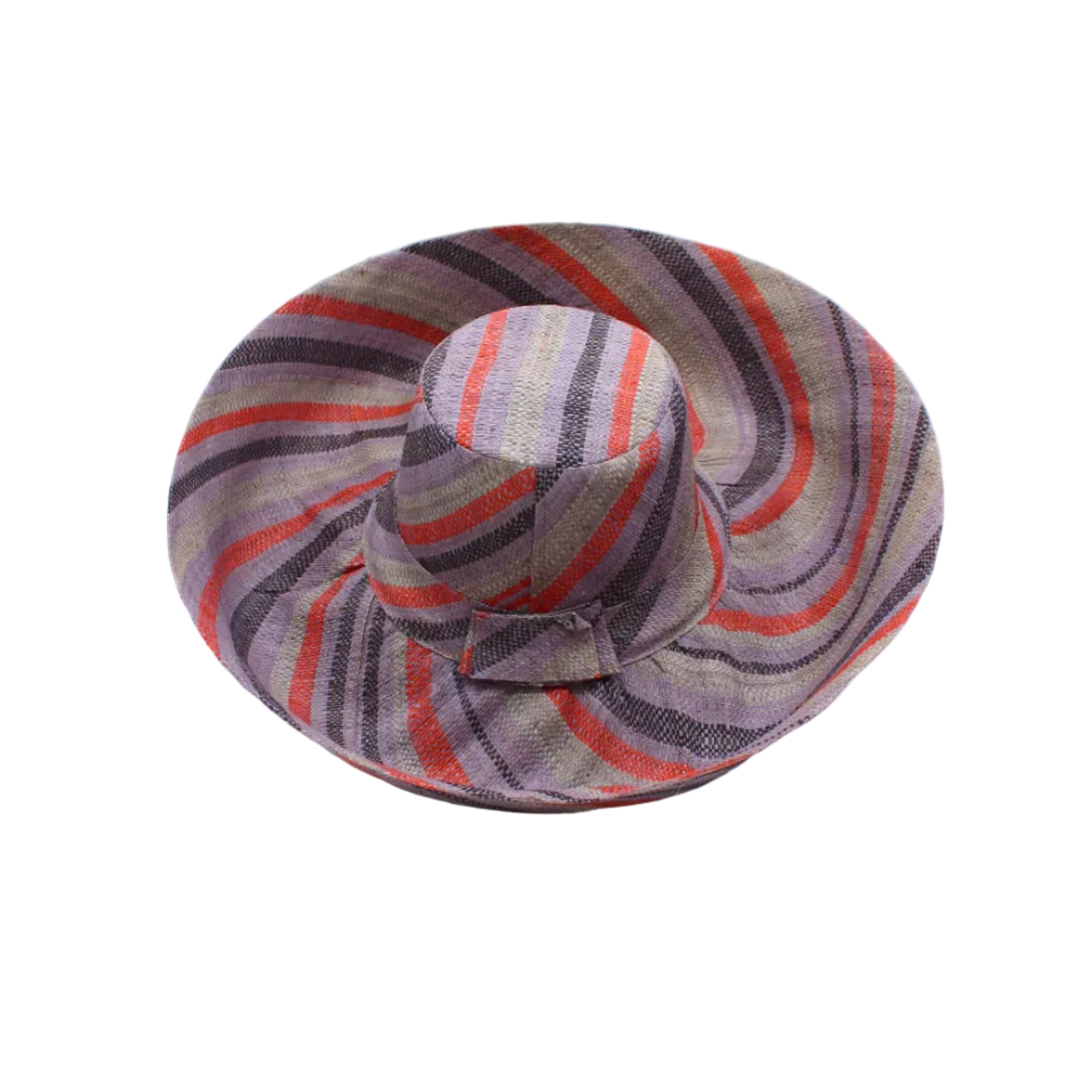 Monica 5" & 7" Wide Brim Mulberry Swirl Multicolor Stripes Packable Straw Sun Hat handmade loomed raffia in bands of red, denim retro/light/blue, black, seafoam light/blue/green stripes create a swirl pattern - Shebobo
