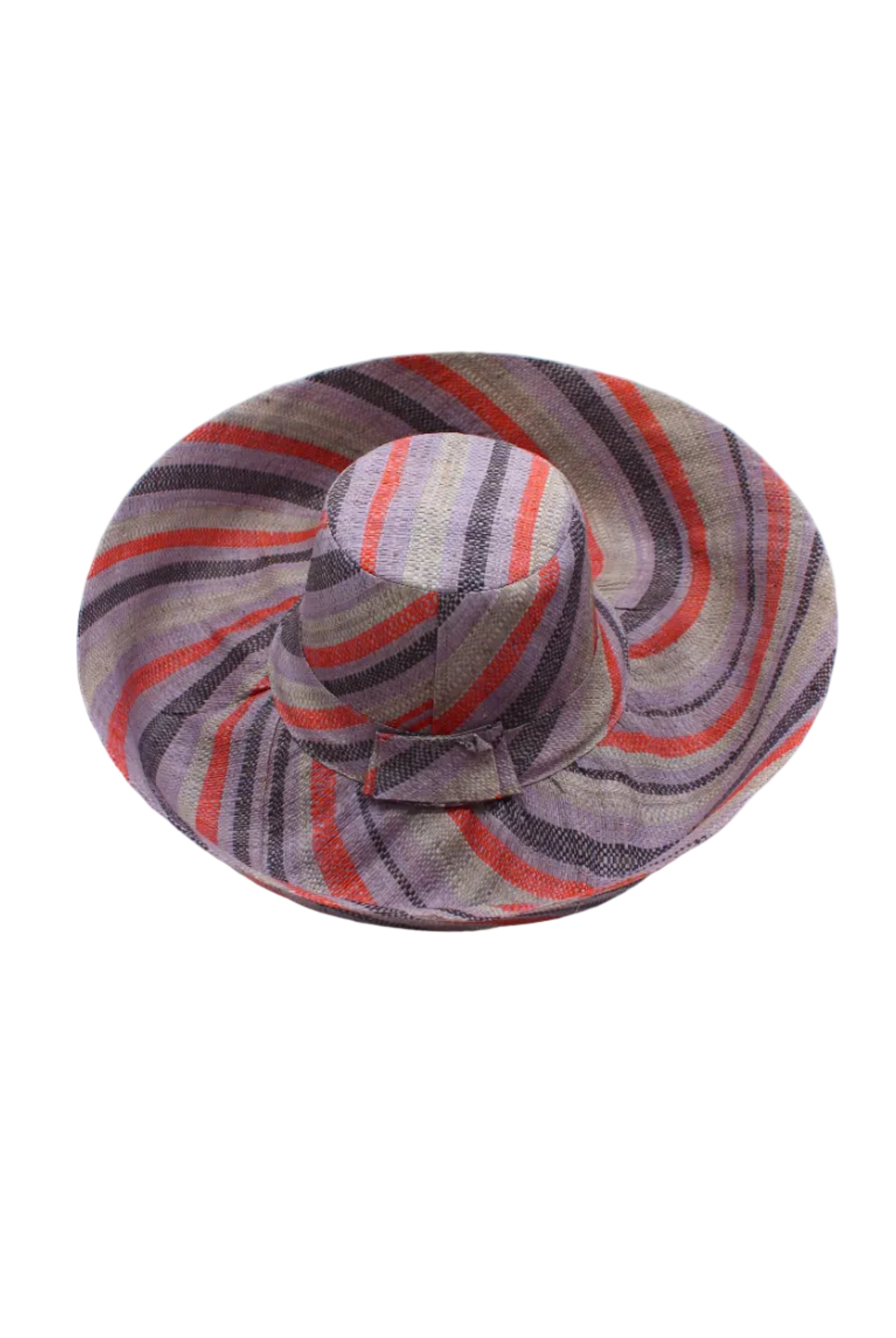 Monica 5" & 7" Wide Brim Mulberry Swirl Multicolor Stripes Packable Straw Sun Hat handmade loomed raffia in bands of red, denim retro/light/blue, black, seafoam light/blue/green stripes create a swirl pattern - Shebobo