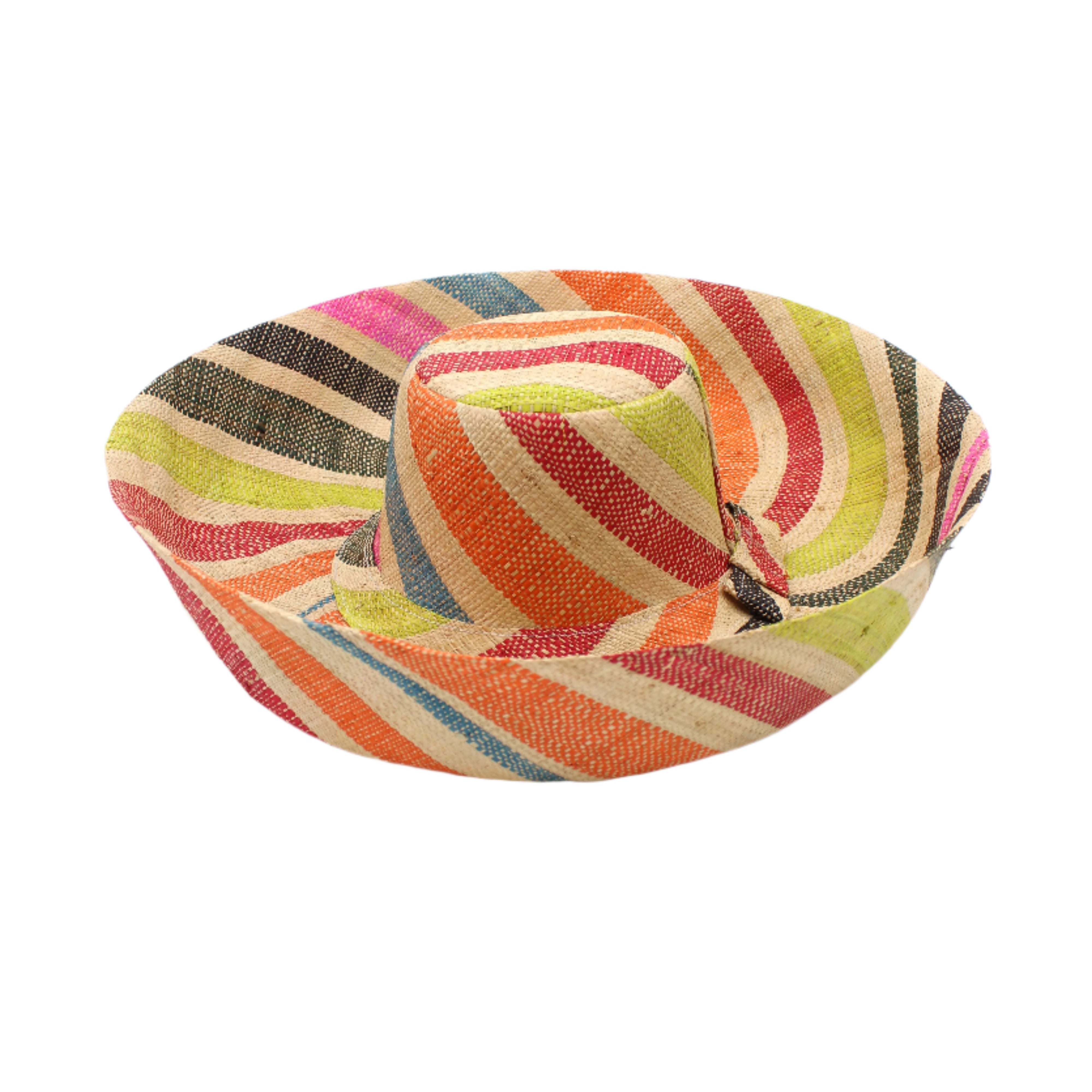 Monica 5" & 7" Wide Brim Multi Stripe Multicolor Stripes Packable Straw Sun Hat handmade loomed raffia in bands of natural straw color, red, orange, lime green, turquoise blue, pink, olive green, and black stripes create a swirl pattern - Shebobo