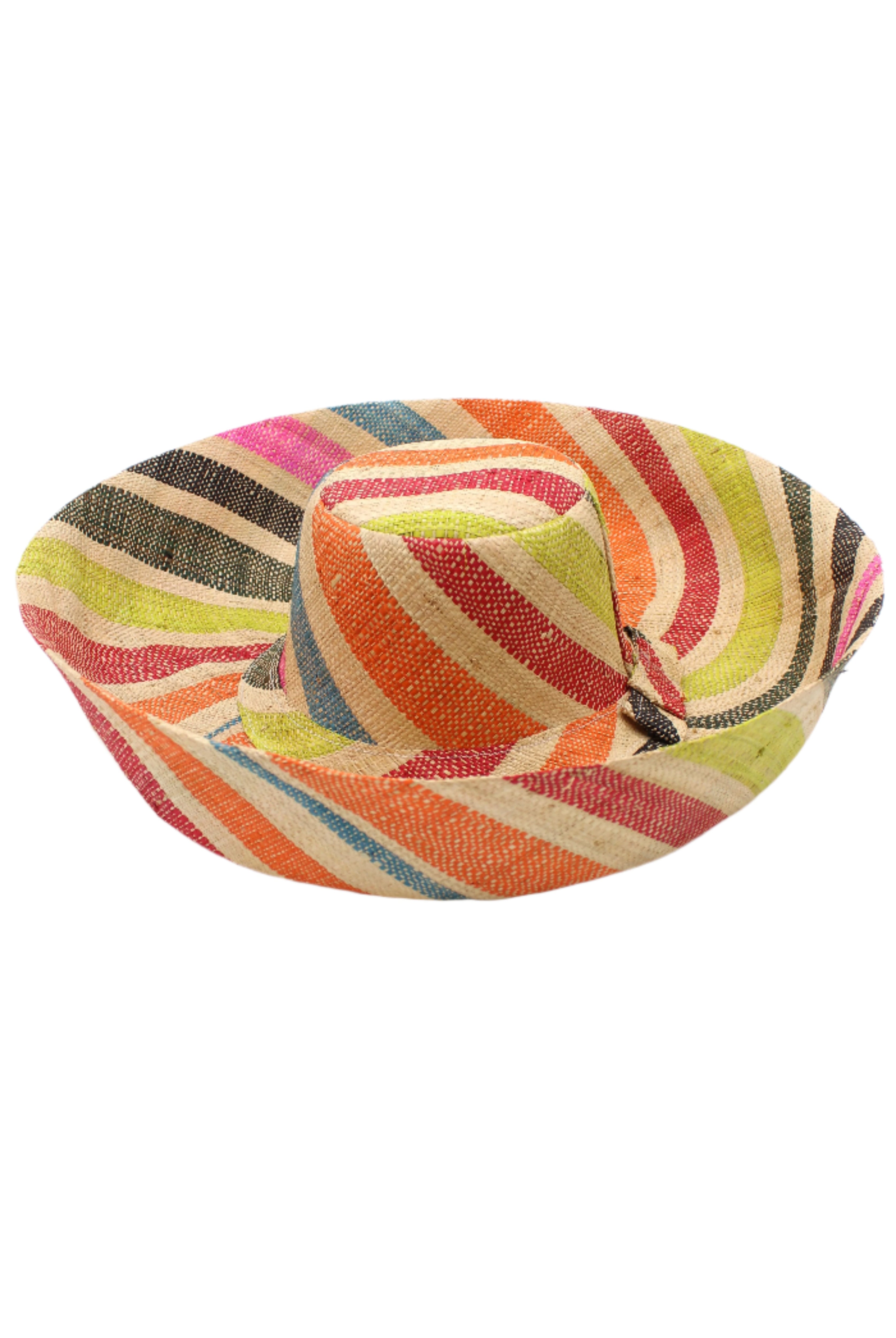 Monica 5" & 7" Wide Brim Multi Stripe Multicolor Stripes Packable Straw Sun Hat handmade loomed raffia in bands of natural straw color, red, orange, lime green, turquoise blue, pink, olive green, and black stripes create a swirl pattern - Shebobo