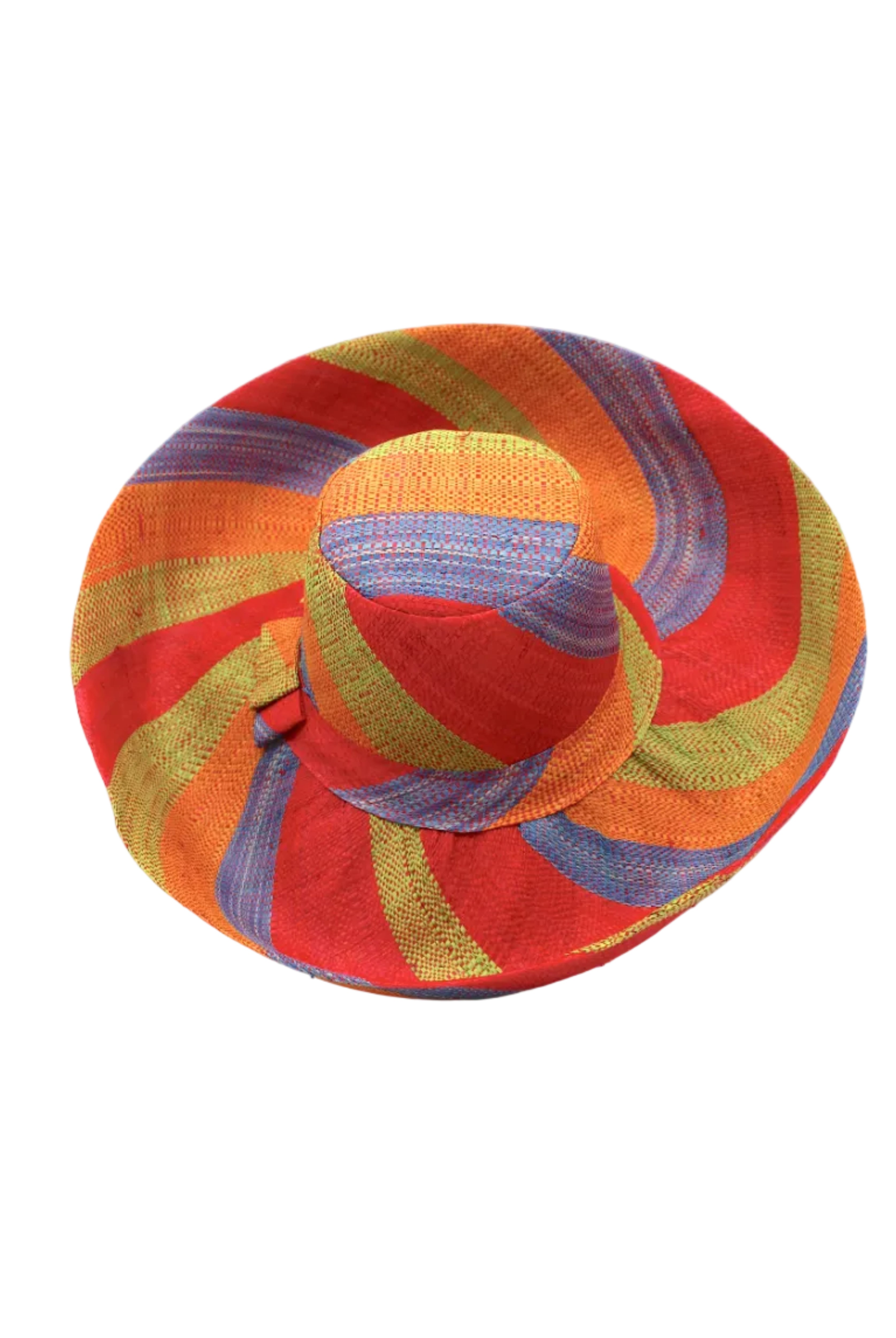 Monica 5" & 7" Wide Brim Na Pali Swirl Multicolor Stripes Packable Straw Sun Hat handmade loomed raffia in bands of red, saffron yellow/orange, midori lime/green, and denim retro/light/blue stripes create a swirl pattern - Shebobo