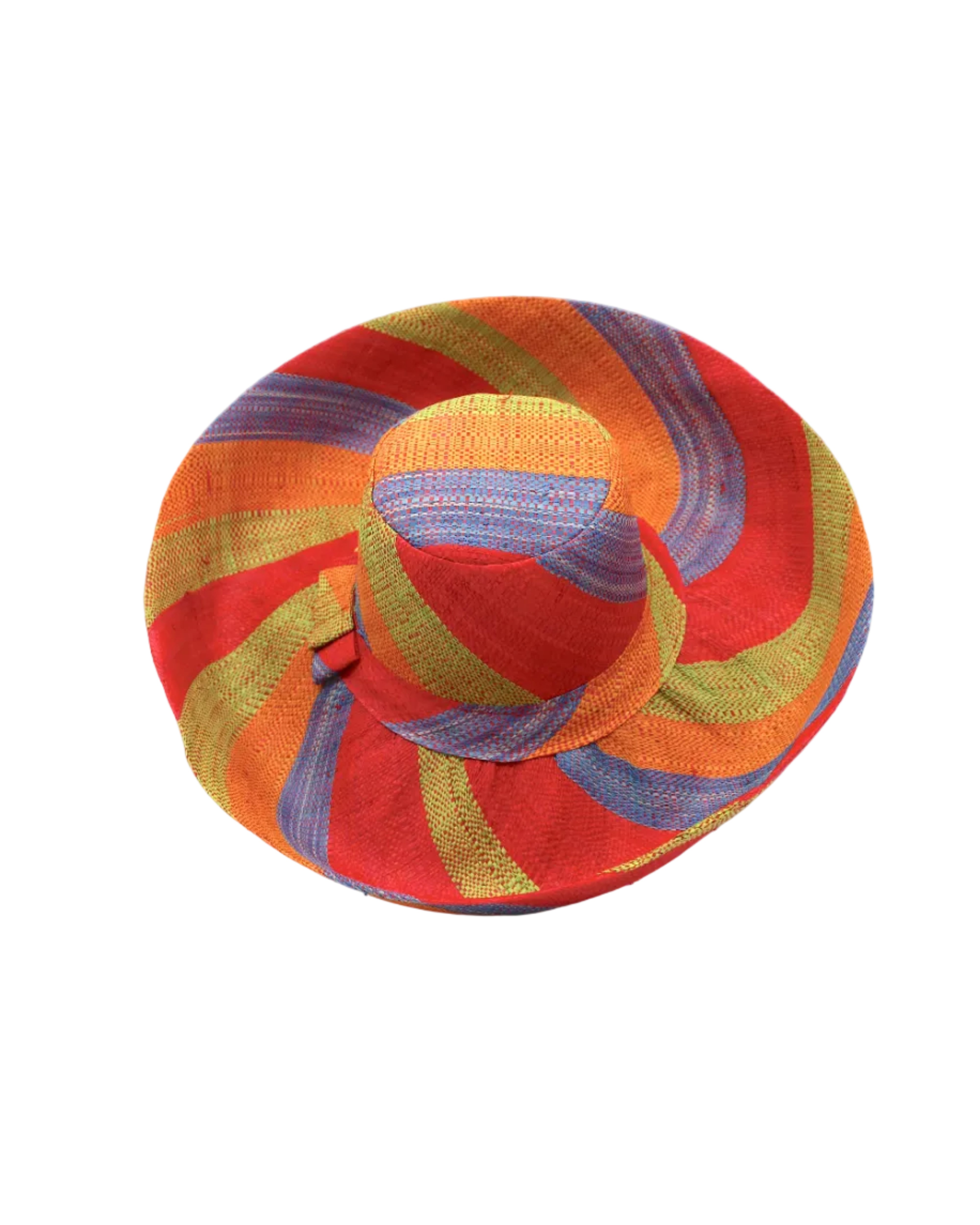 Monica 5" & 7" Wide Brim Na Pali Swirl Multicolor Stripes Packable Straw Sun Hat handmade loomed raffia in bands of red, saffron yellow/orange, midori lime/green, and denim retro/light/blue stripes create a swirl pattern - Shebobo