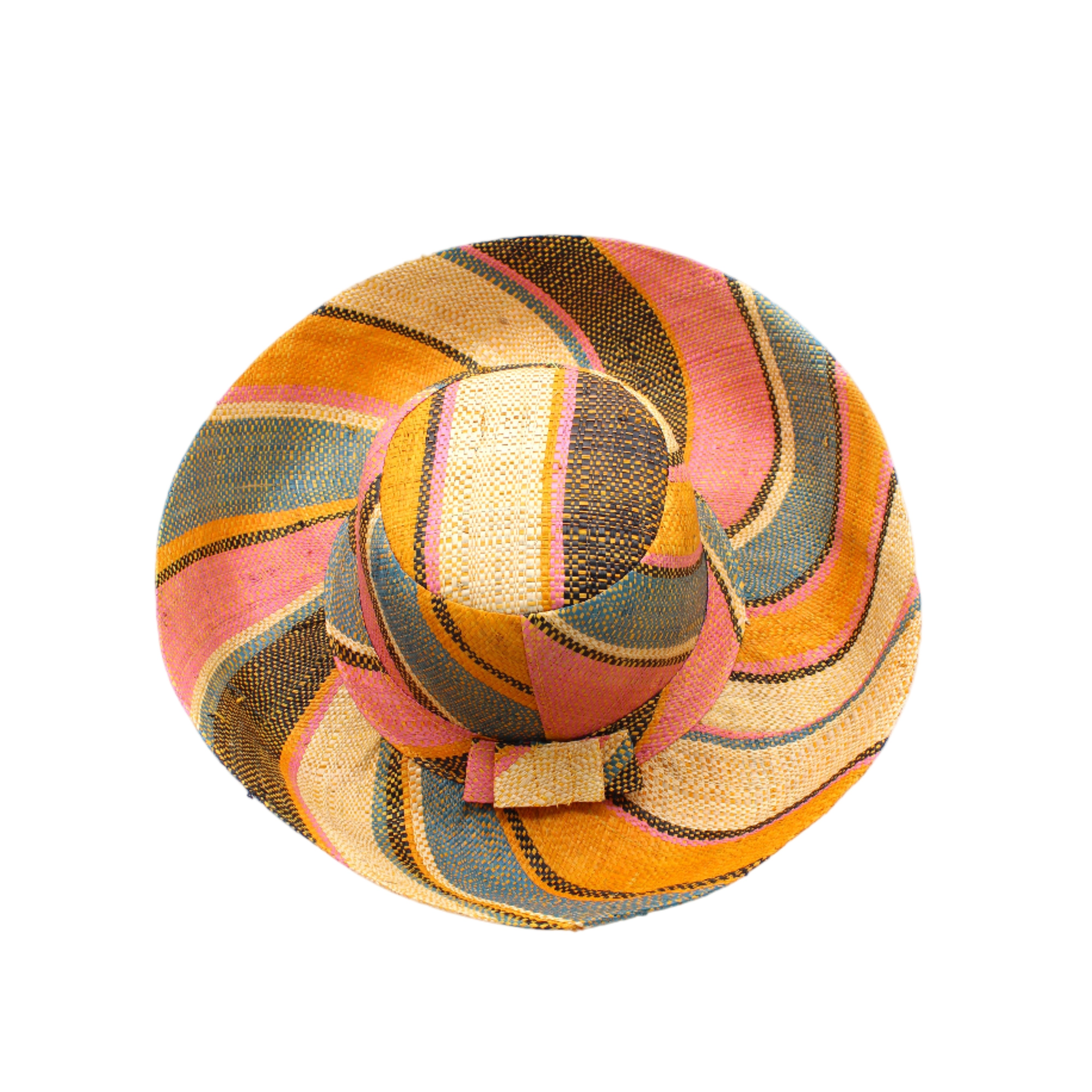 Monica 5" & 7" Wide Brim Pink Blue Swirl Multicolor Stripes Packable Straw Sun Hat Handmade loomed raffia in multi width bands of saffron yellow, light pink, light blue, black, natural straw color etc. create a swirl pattern - Shebobo
