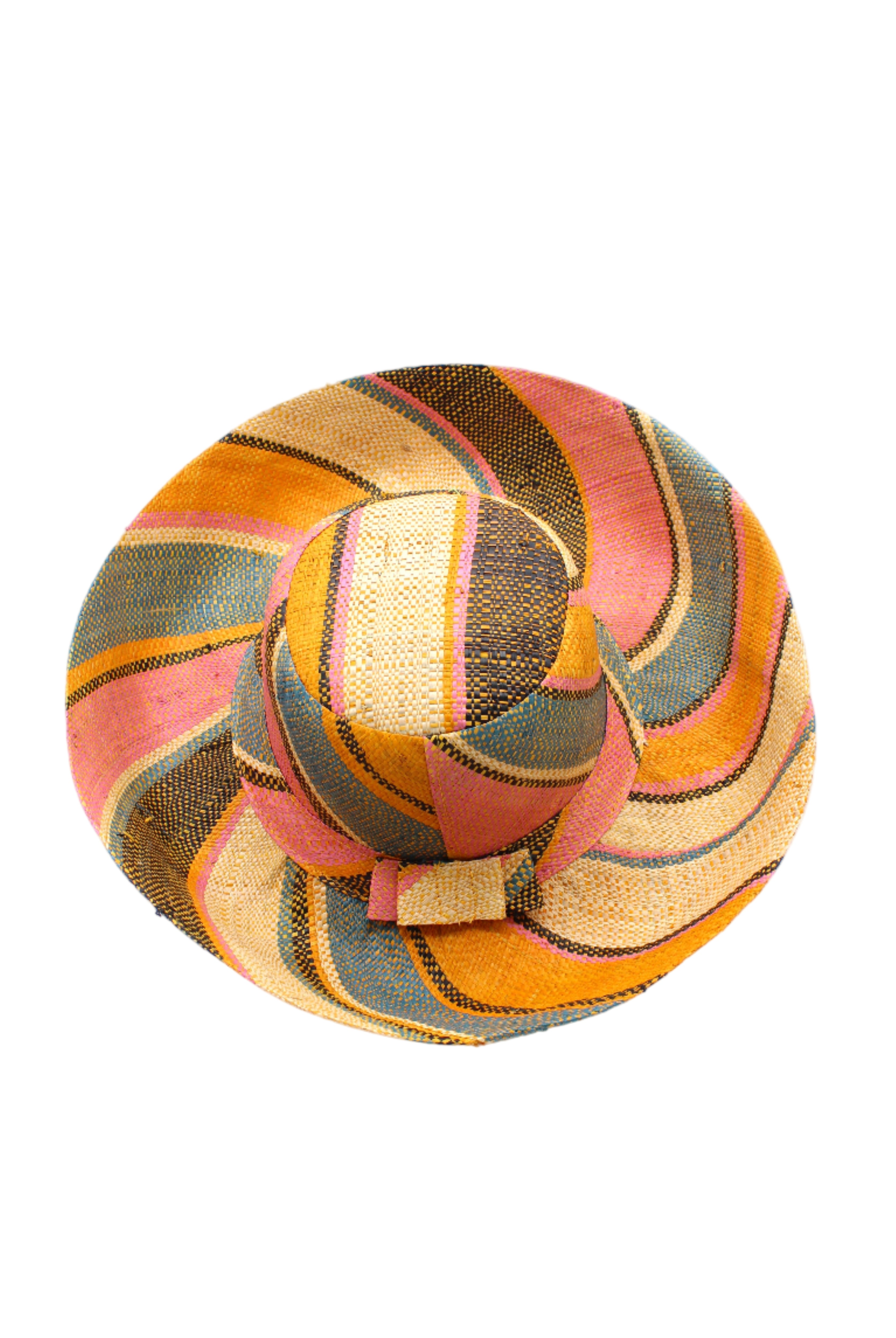 Monica 5" & 7" Wide Brim Pink Blue Swirl Multicolor Stripes Packable Straw Sun Hat Handmade loomed raffia in multi width bands of saffron yellow, light pink, light blue, black, natural straw color etc. create a swirl pattern - Shebobo