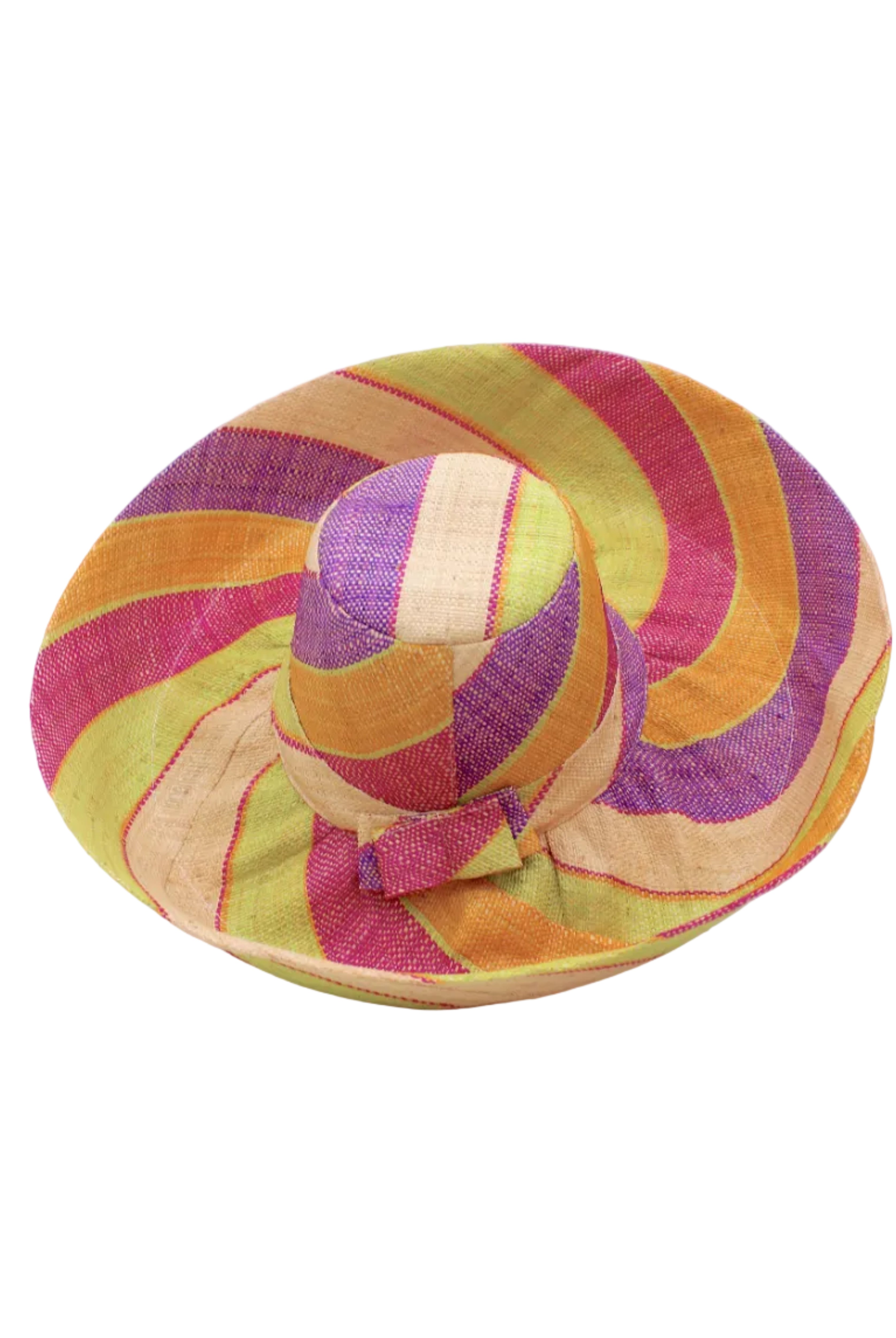 Monica 5" & 7" Wide Brim Pink Lemonade Swirl Multicolor Stripes Packable Straw Sun Hat handmade loomed raffia in bands of natural straw color, purple, saffron yellow/orange, midori lime/green, and fuchsia bright/pink stripes create a swirl pattern - Shebobo