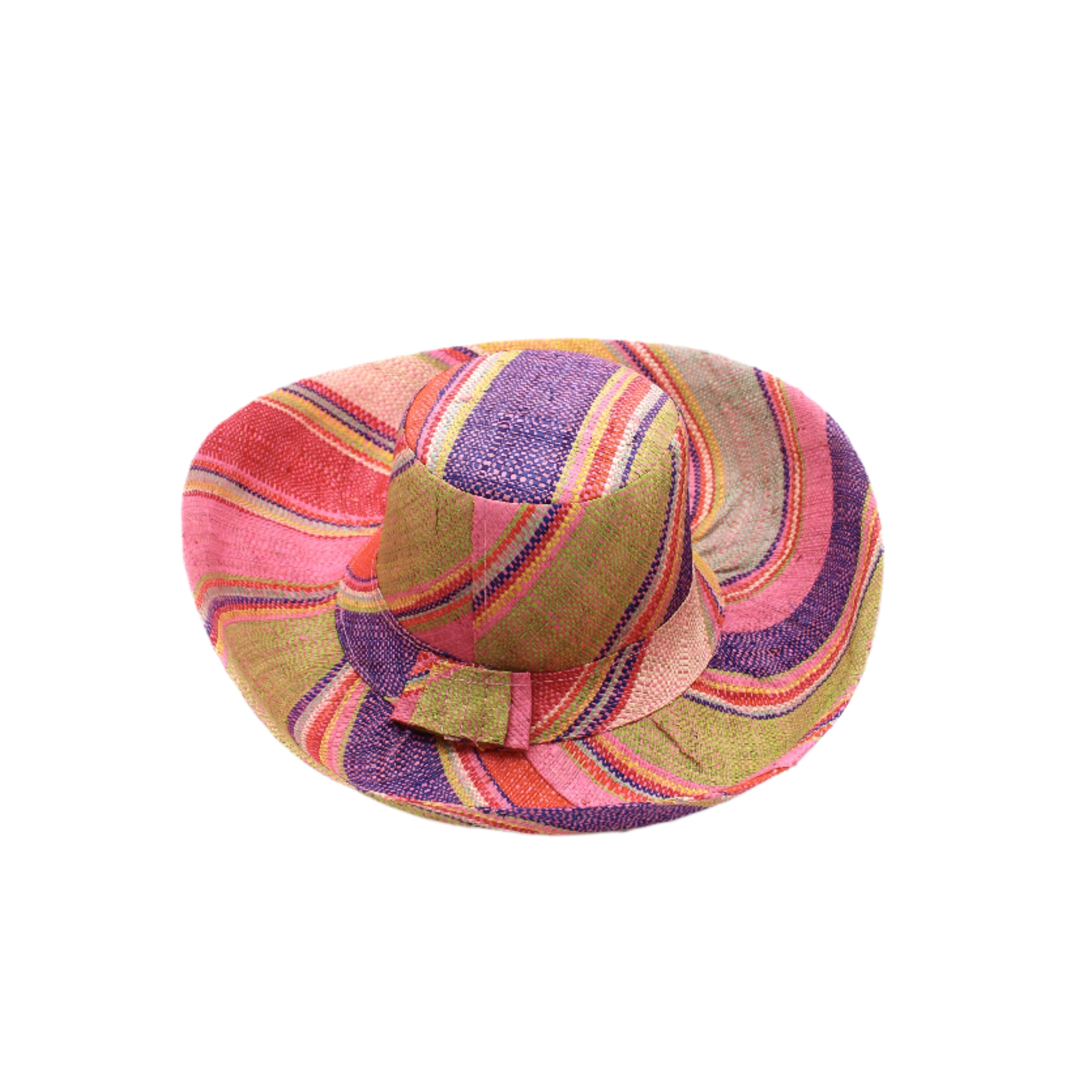 Monica 5" & 7" Wide Brim Raspberry Swirl Multicolor Stripes Packable Straw Sun Hat Handmade loomed raffia in multi width bands of purple, light pink, coral orange/red, lime green, natural straw color, light blue, yellow, etc. create a swirl pattern - Shebobo
