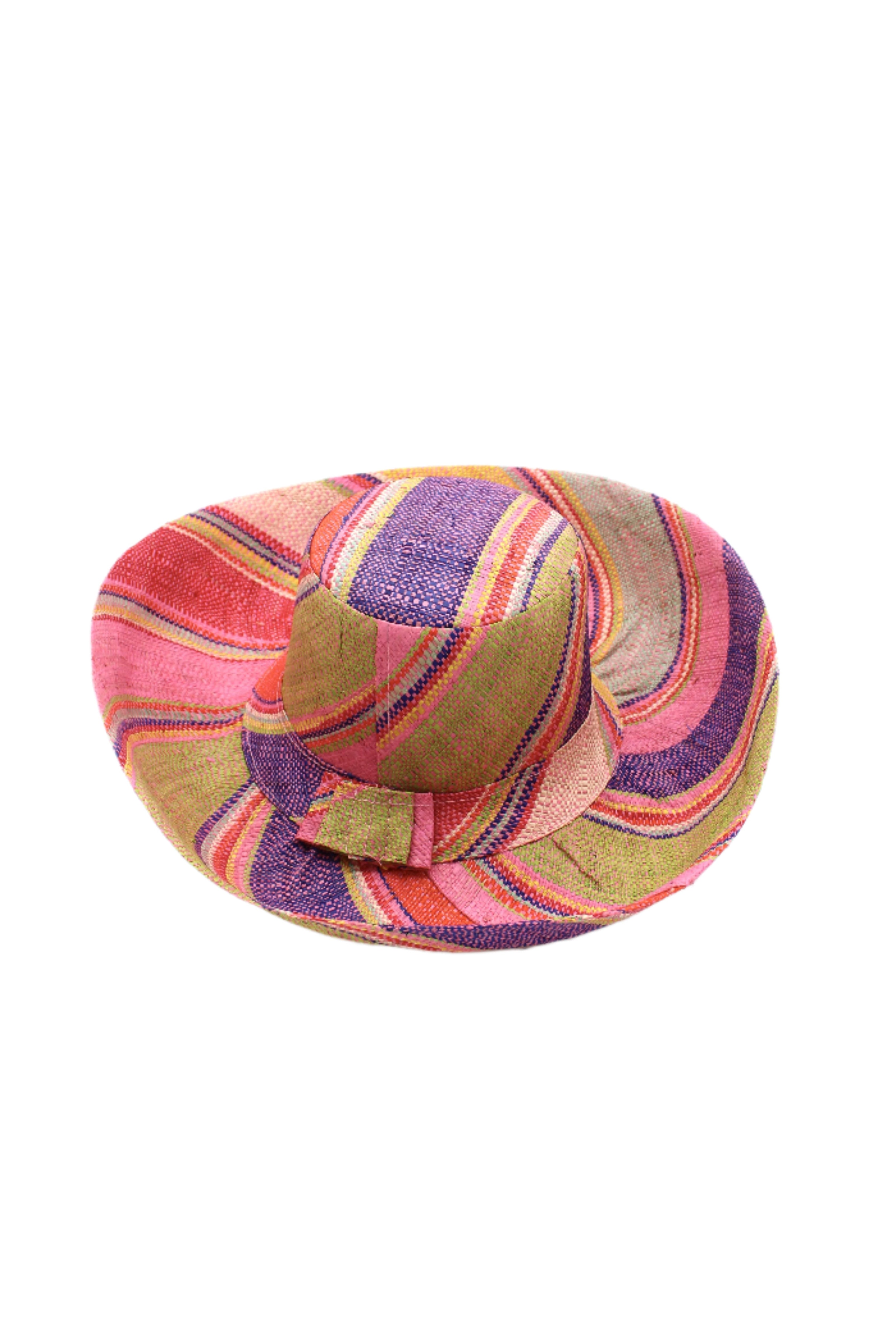 Monica 5" & 7" Wide Brim Raspberry Swirl Multicolor Stripes Packable Straw Sun Hat Handmade loomed raffia in multi width bands of purple, light pink, coral orange/red, lime green, natural straw color, light blue, yellow, etc. create a swirl pattern - Shebobo