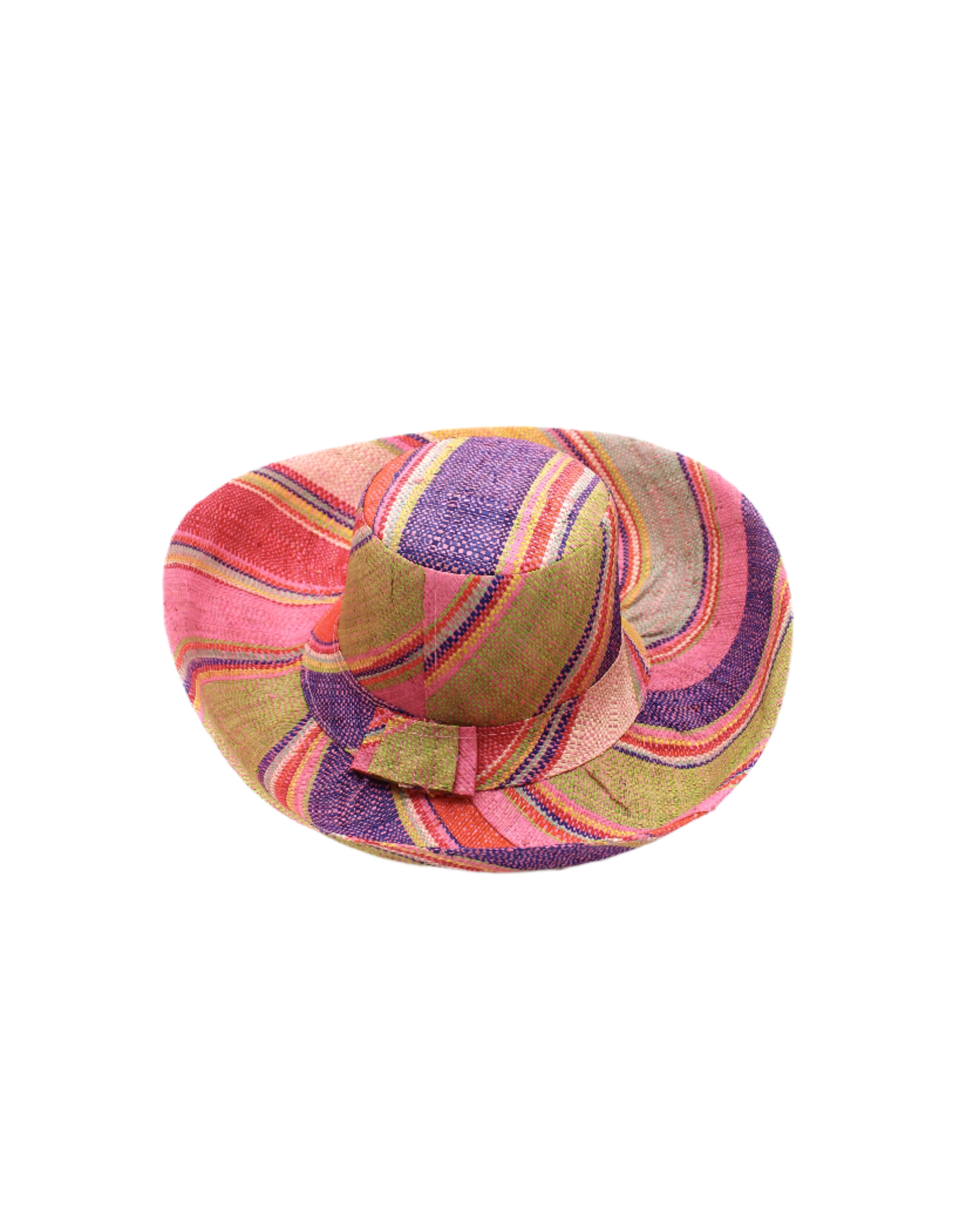 Monica 5" & 7" Wide Brim Raspberry Swirl Multicolor Stripes Packable Straw Sun Hat Handmade loomed raffia in multi width bands of purple, light pink, coral orange/red, lime green, natural straw color, light blue, yellow, etc. create a swirl pattern - Shebobo