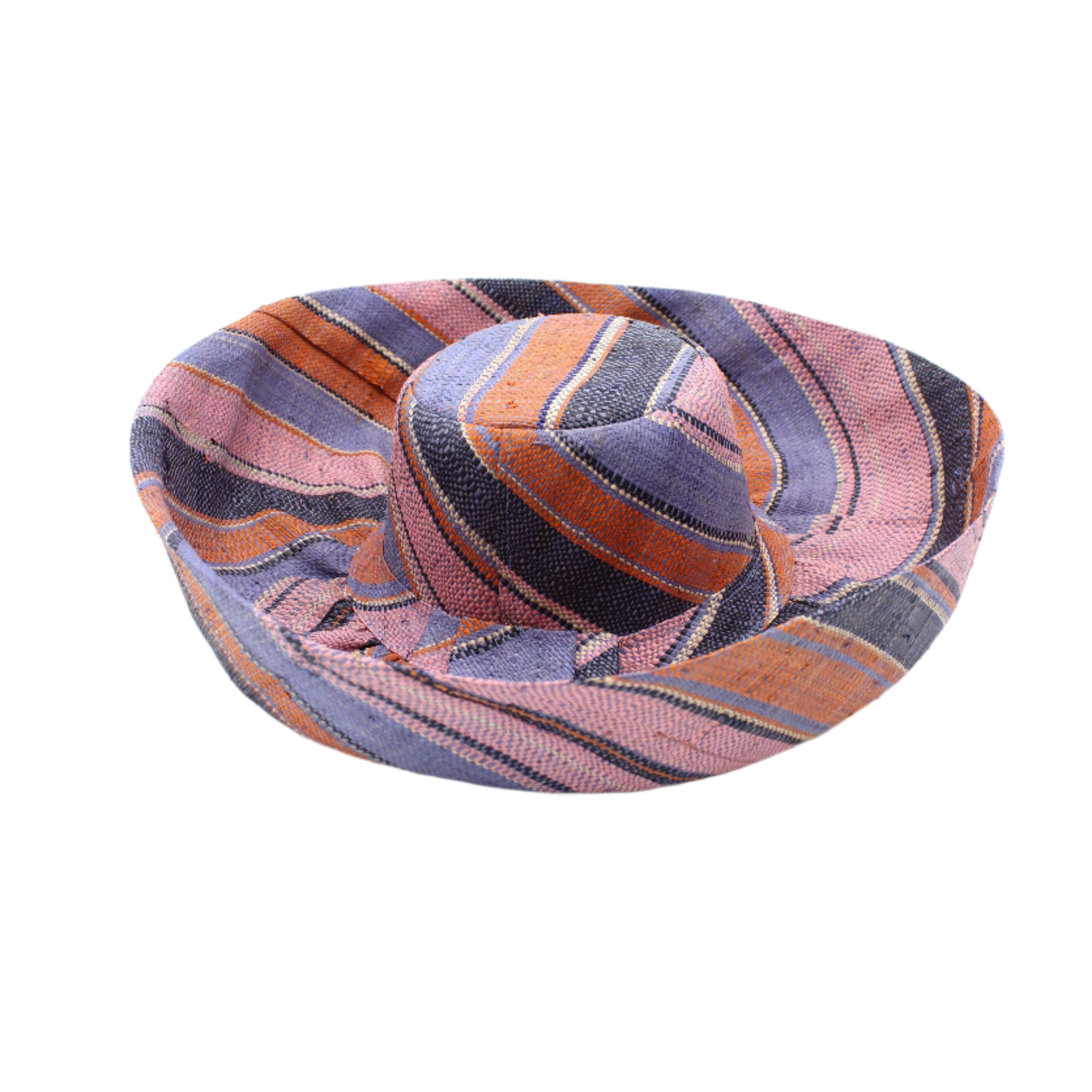 Monica 5" & 7" Wide Brim Retro Swirl Packable Straw Sun Hat handmade loomed raffia in multi width stripes of denim retro/light/blue, coral orange/red, dusk navy/dark/blue, and light pink create a swirl pattern - Shebobo