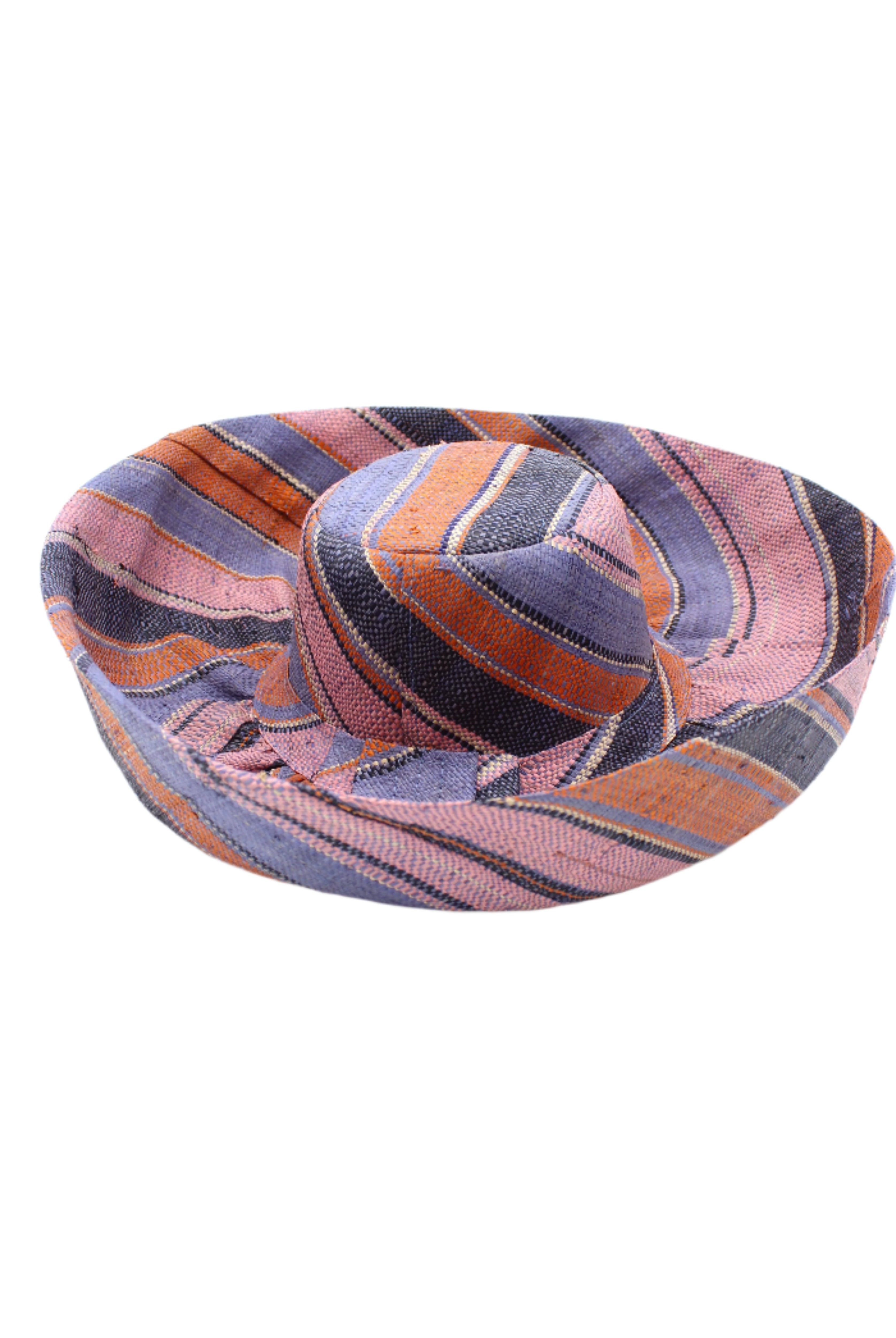Monica 5" & 7" Wide Brim Retro Swirl Packable Straw Sun Hat handmade loomed raffia in multi width stripes of denim retro/light/blue, coral orange/red, dusk navy/dark/blue, and light pink create a swirl pattern - Shebobo