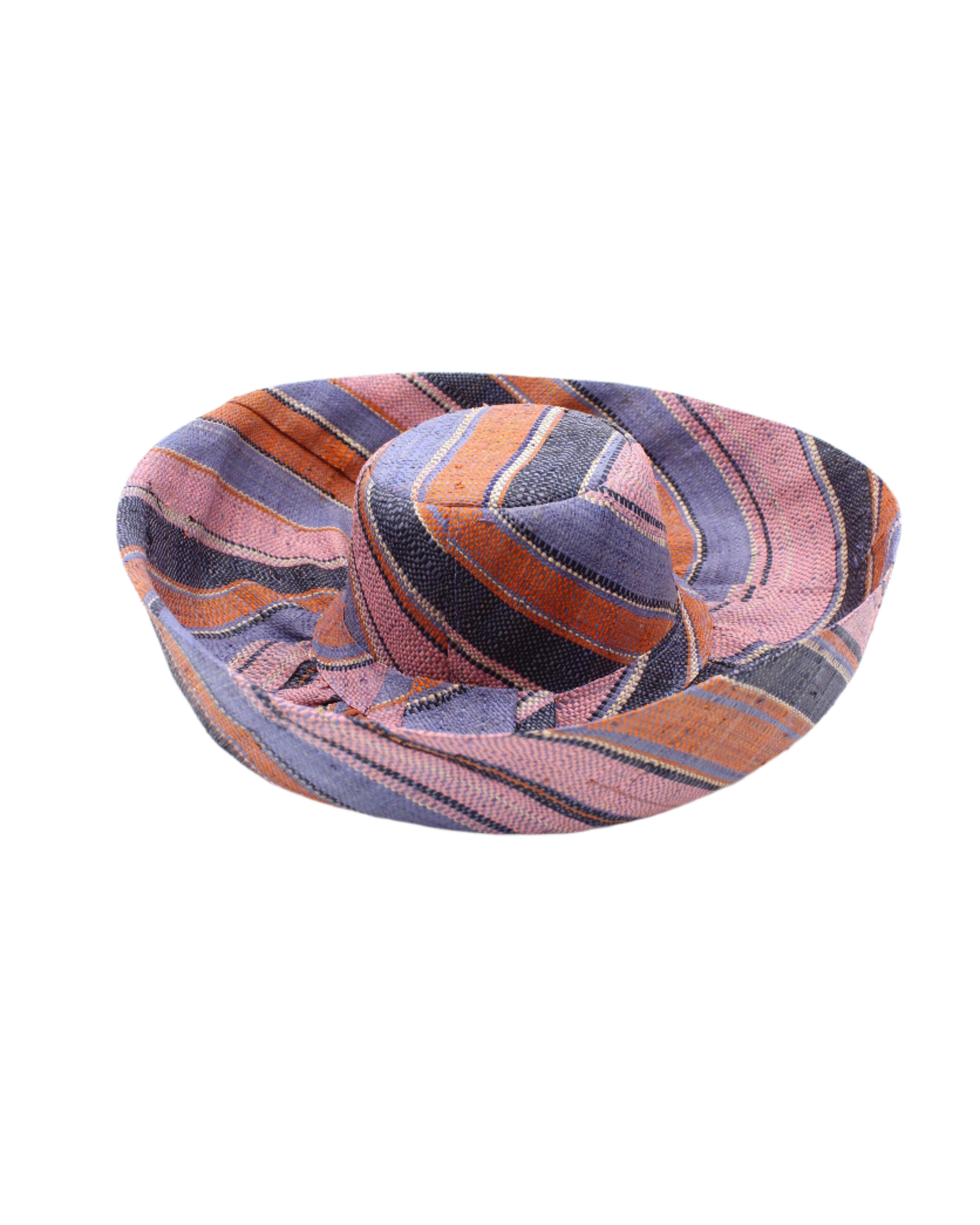 Monica 5" & 7" Wide Brim Retro Swirl Packable Straw Sun Hat handmade loomed raffia in multi width stripes of denim retro/light/blue, coral orange/red, dusk navy/dark/blue, and light pink create a swirl pattern - Shebobo