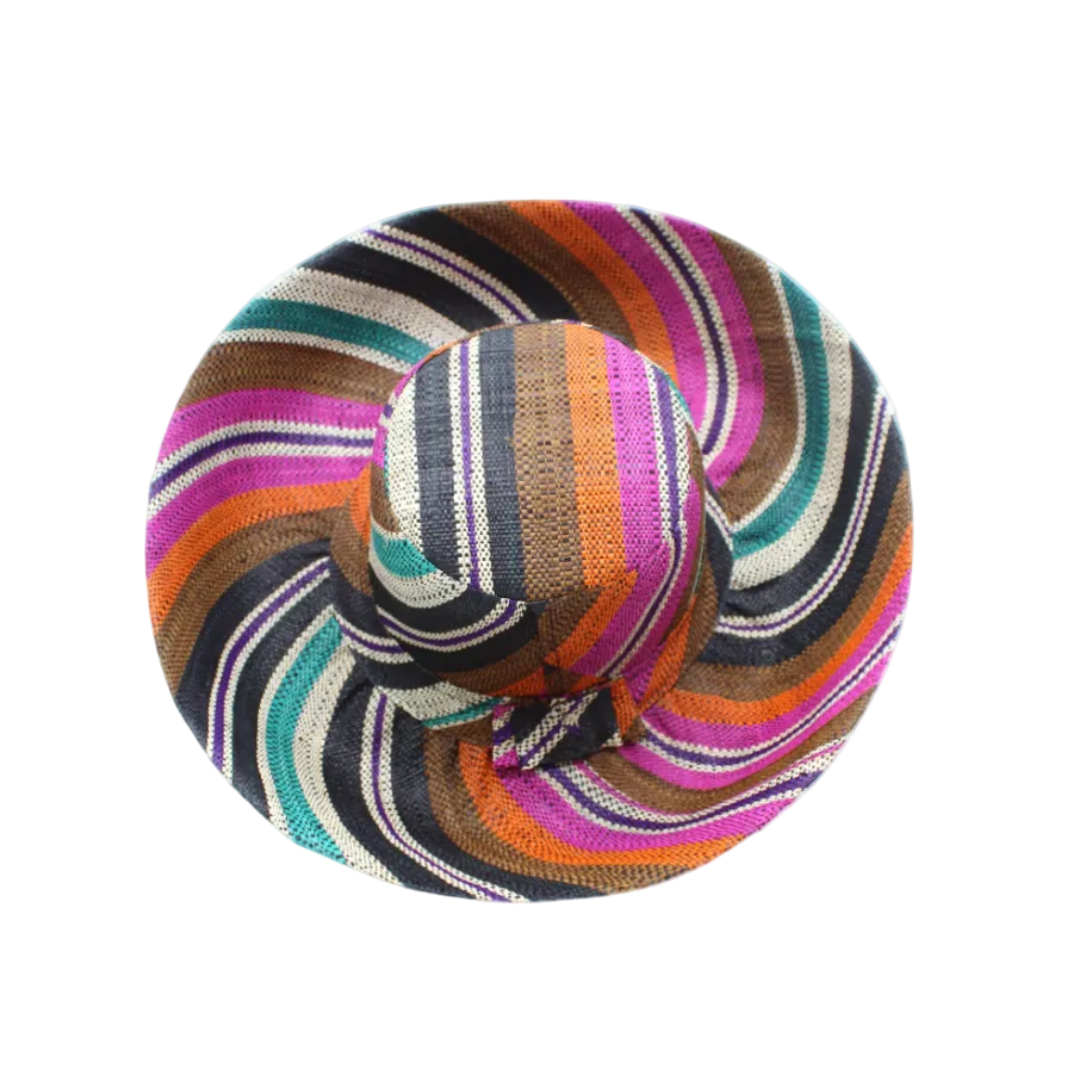 Monica 5" & 7" Wide Brim Revel Swirl Multicolor Stripes Packable Straw Sun Hat Handmade loomed raffia in multi width bands of coral orange, fuchsia pink, teal blue/green, purple, cinnamon/tobacco/brown, black, natural straw color etc. create a swirl pattern - Shebobo
