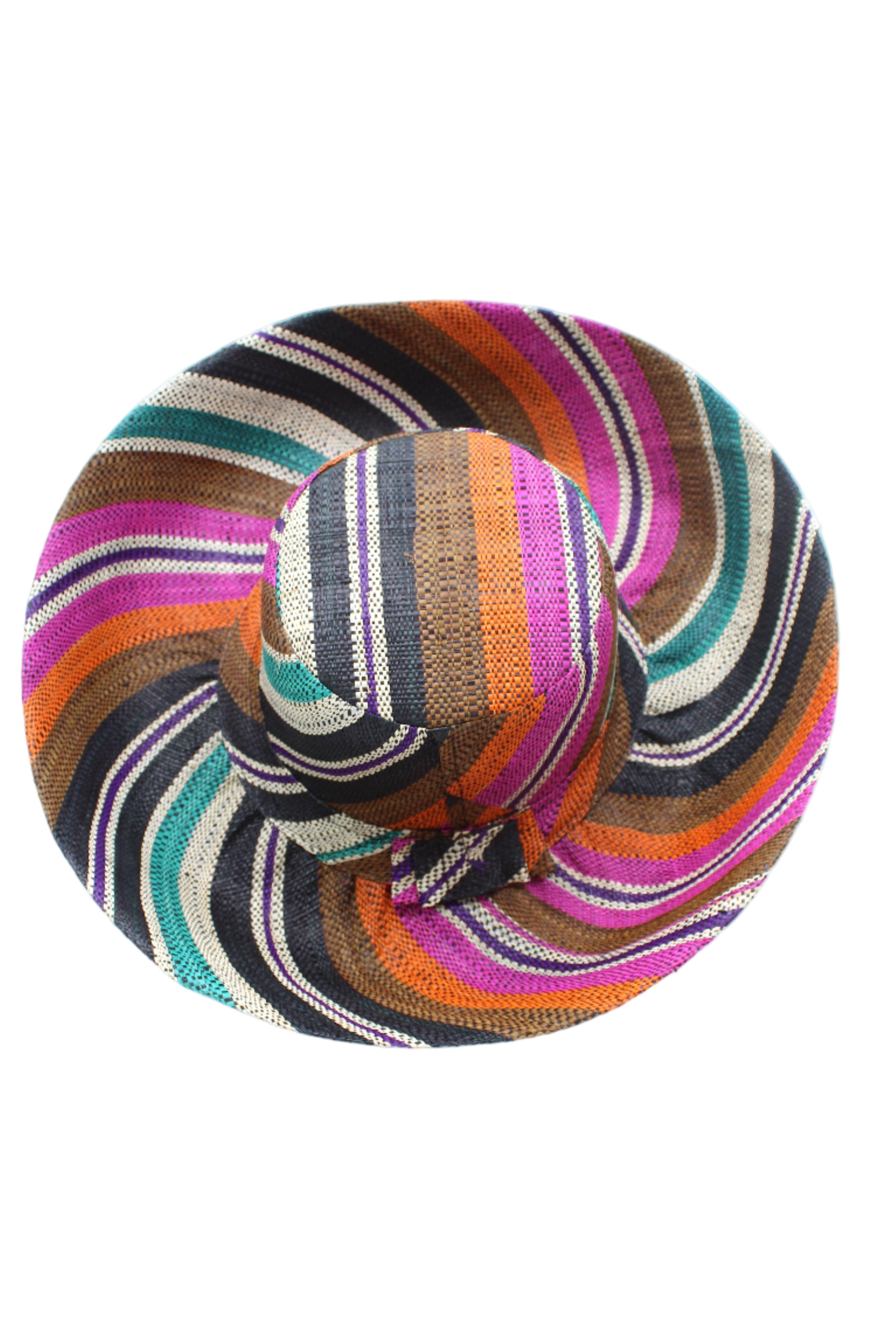 Monica 5" & 7" Wide Brim Revel Swirl Multicolor Stripes Packable Straw Sun Hat Handmade loomed raffia in multi width bands of coral orange, fuchsia pink, teal blue/green, purple, cinnamon/tobacco/brown, black, natural straw color etc. create a swirl pattern - Shebobo