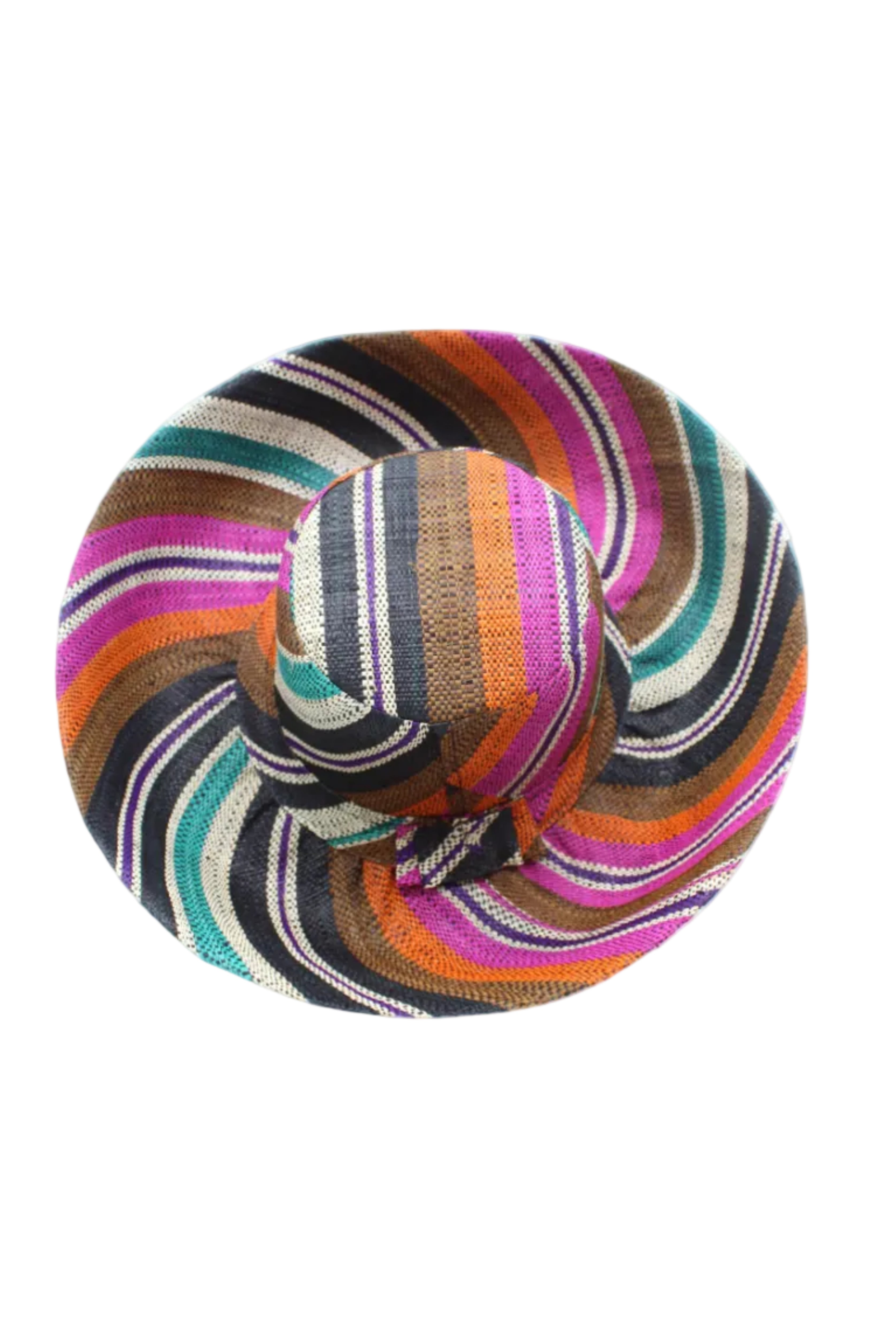 Monica 5" & 7" Wide Brim Revel Swirl Multicolor Stripes Packable Straw Sun Hat Handmade loomed raffia in multi width bands of coral orange, fuchsia pink, teal blue/green, purple, cinnamon/tobacco/brown, black, natural straw color etc. create a swirl pattern - Shebobo