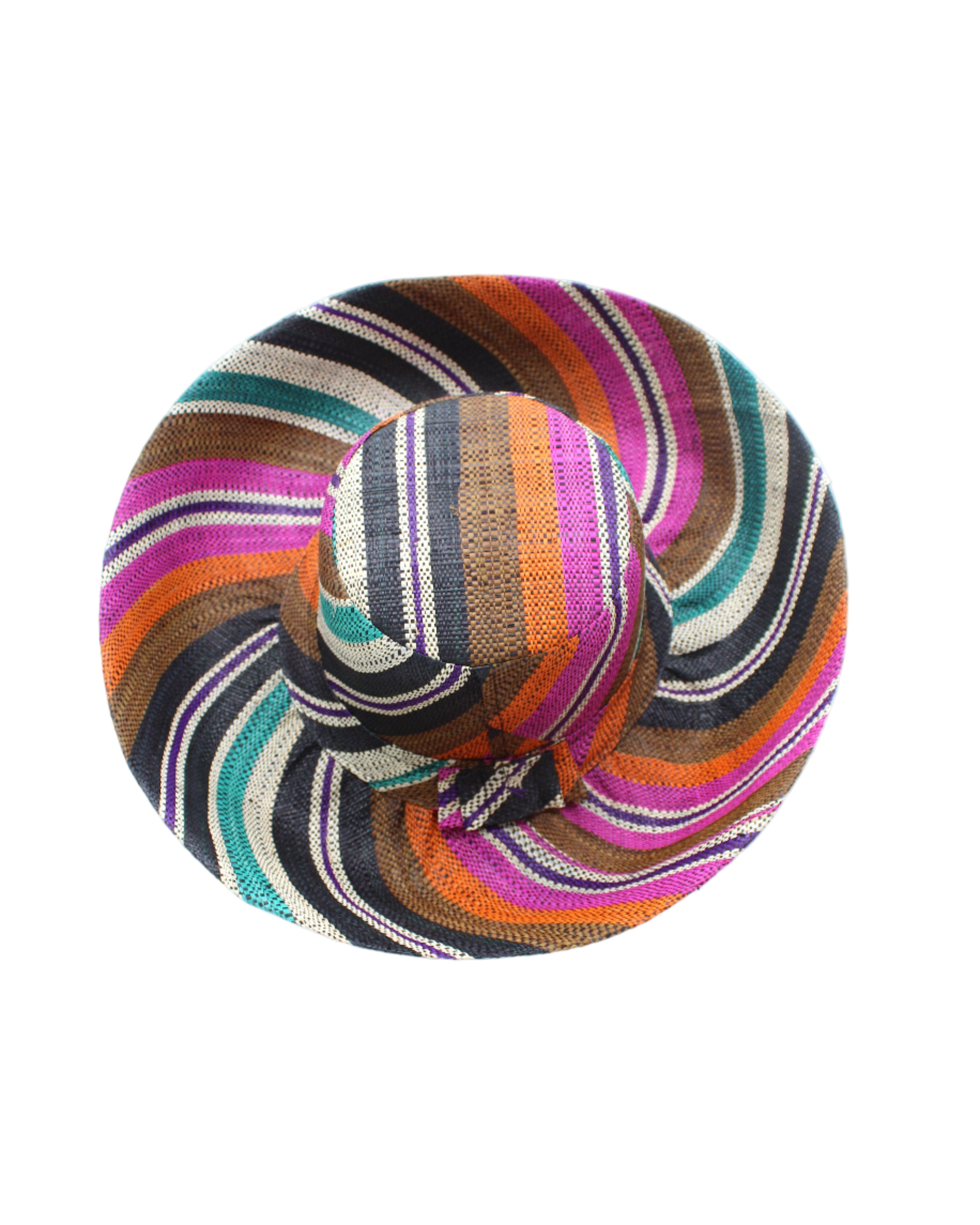 Monica 5" & 7" Wide Brim Revel Swirl Multicolor Stripes Packable Straw Sun Hat Handmade loomed raffia in multi width bands of coral orange, fuchsia pink, teal blue/green, purple, cinnamon/tobacco/brown, black, natural straw color etc. create a swirl pattern - Shebobo