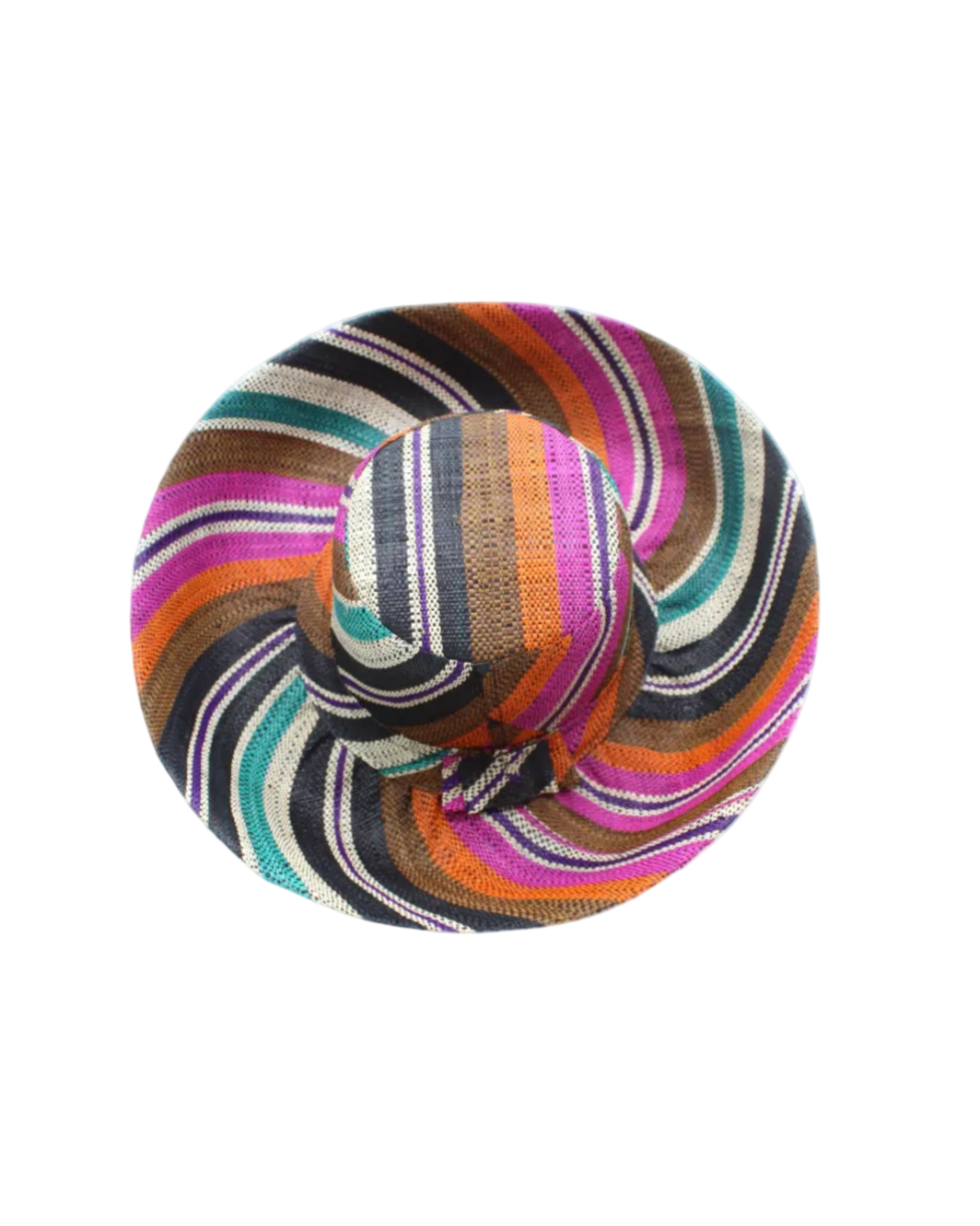 Monica 5" & 7" Wide Brim Revel Swirl Multicolor Stripes Packable Straw Sun Hat Handmade loomed raffia in multi width bands of coral orange, fuchsia pink, teal blue/green, purple, cinnamon/tobacco/brown, black, natural straw color etc. create a swirl pattern - Shebobo