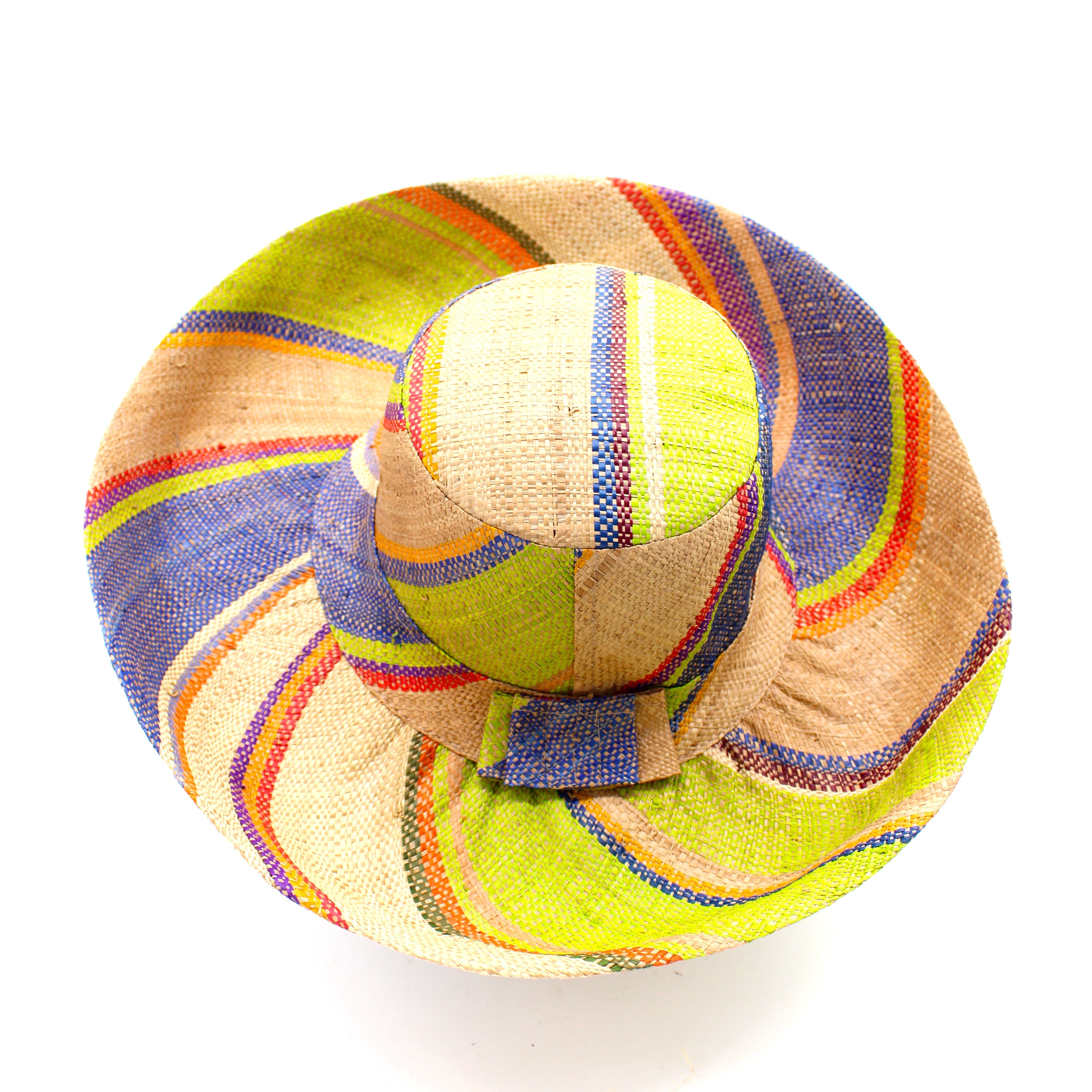 Monica 5" & 7" Wide Brim Rio Swirl Multicolor Stripes Packable Straw Sun Hat Handmade loomed raffia in multi width bands of cappuccino light brown, lime green, saffron yellow, red, purple, navy blue, natural straw color, etc. create a swirl pattern - Shebobo