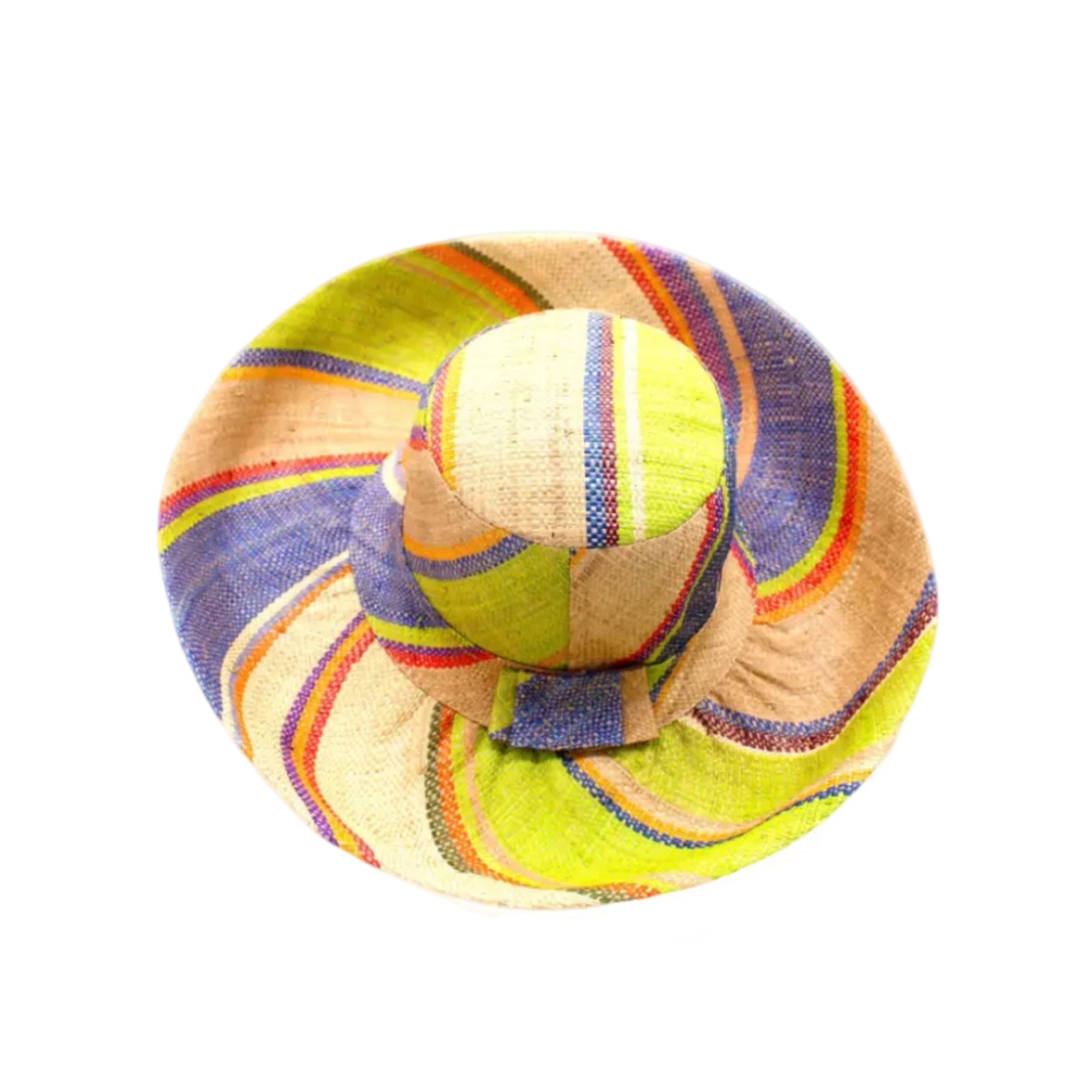 Monica 5" & 7" Wide Brim Rio Swirl Multicolor Stripes Packable Straw Sun Hat Handmade loomed raffia in multi width bands of cappuccino light brown, lime green, saffron yellow, red, purple, navy blue, natural straw color, etc. create a swirl pattern - Shebobo