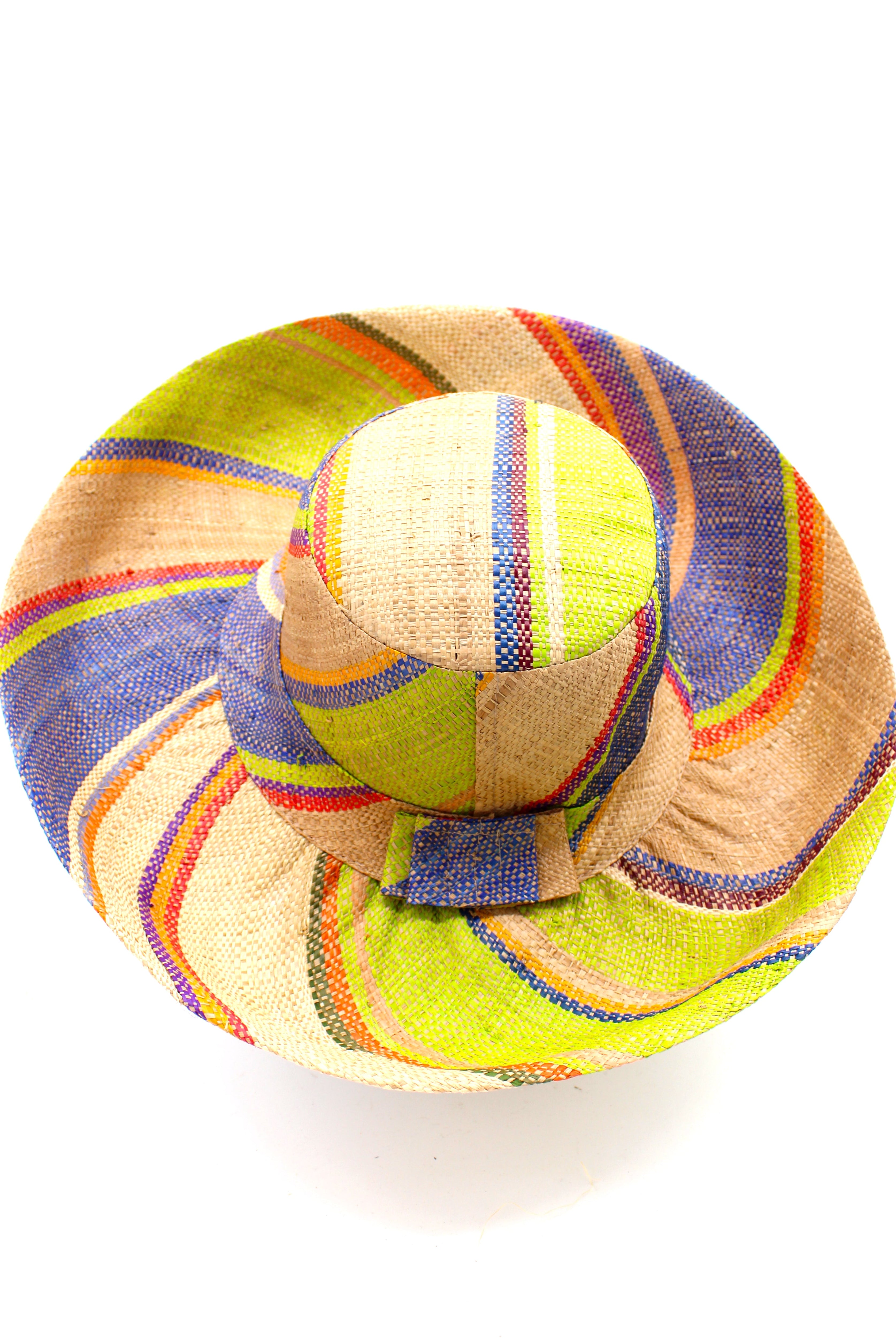 Monica 5" & 7" Wide Brim Rio Swirl Multicolor Stripes Packable Straw Sun Hat Handmade loomed raffia in multi width bands of cappuccino light brown, lime green, saffron yellow, red, purple, navy blue, natural straw color, etc. create a swirl pattern - Shebobo