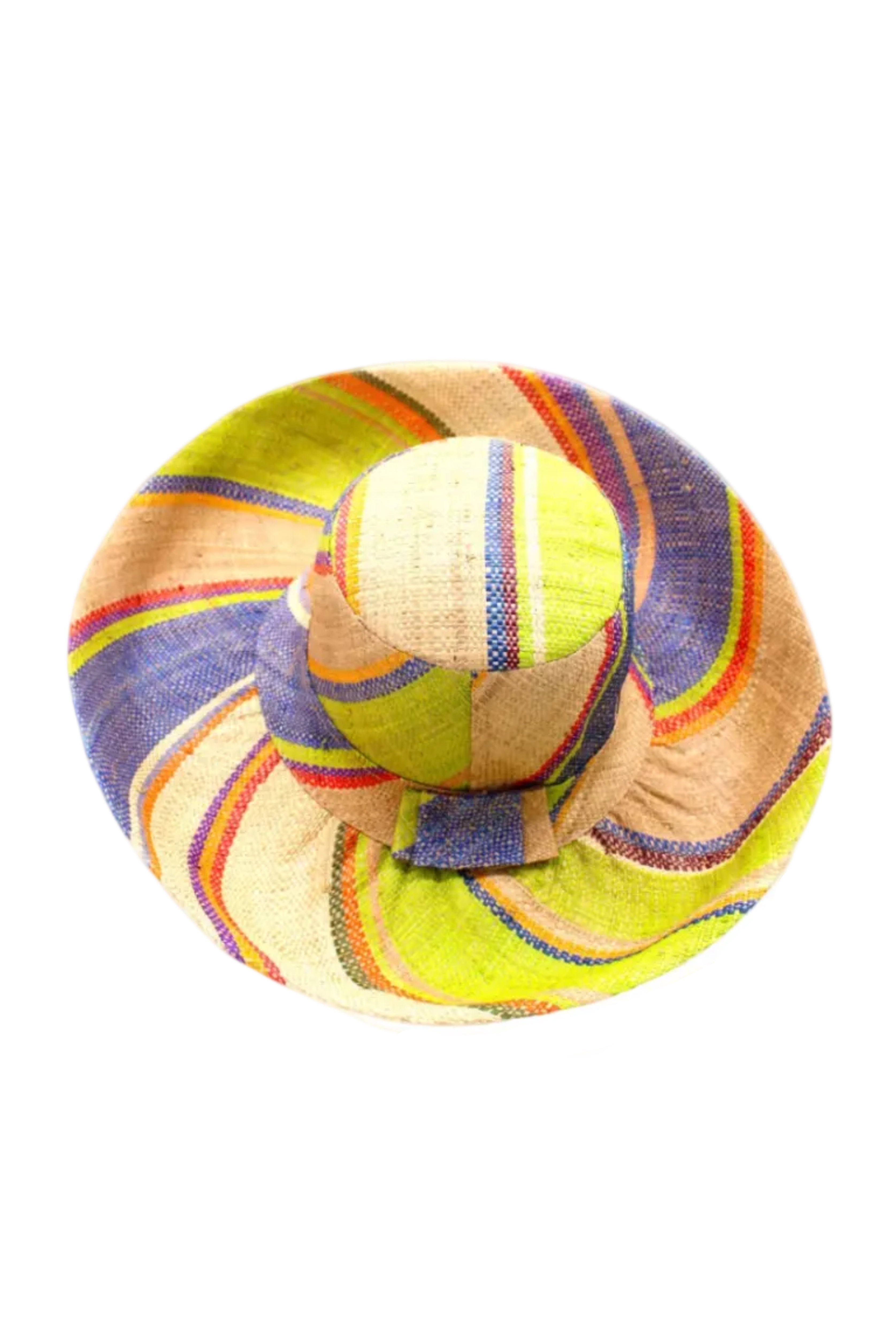 Monica 5" & 7" Wide Brim Rio Swirl Multicolor Stripes Packable Straw Sun Hat Handmade loomed raffia in multi width bands of cappuccino light brown, lime green, saffron yellow, red, purple, navy blue, natural straw color, etc. create a swirl pattern - Shebobo