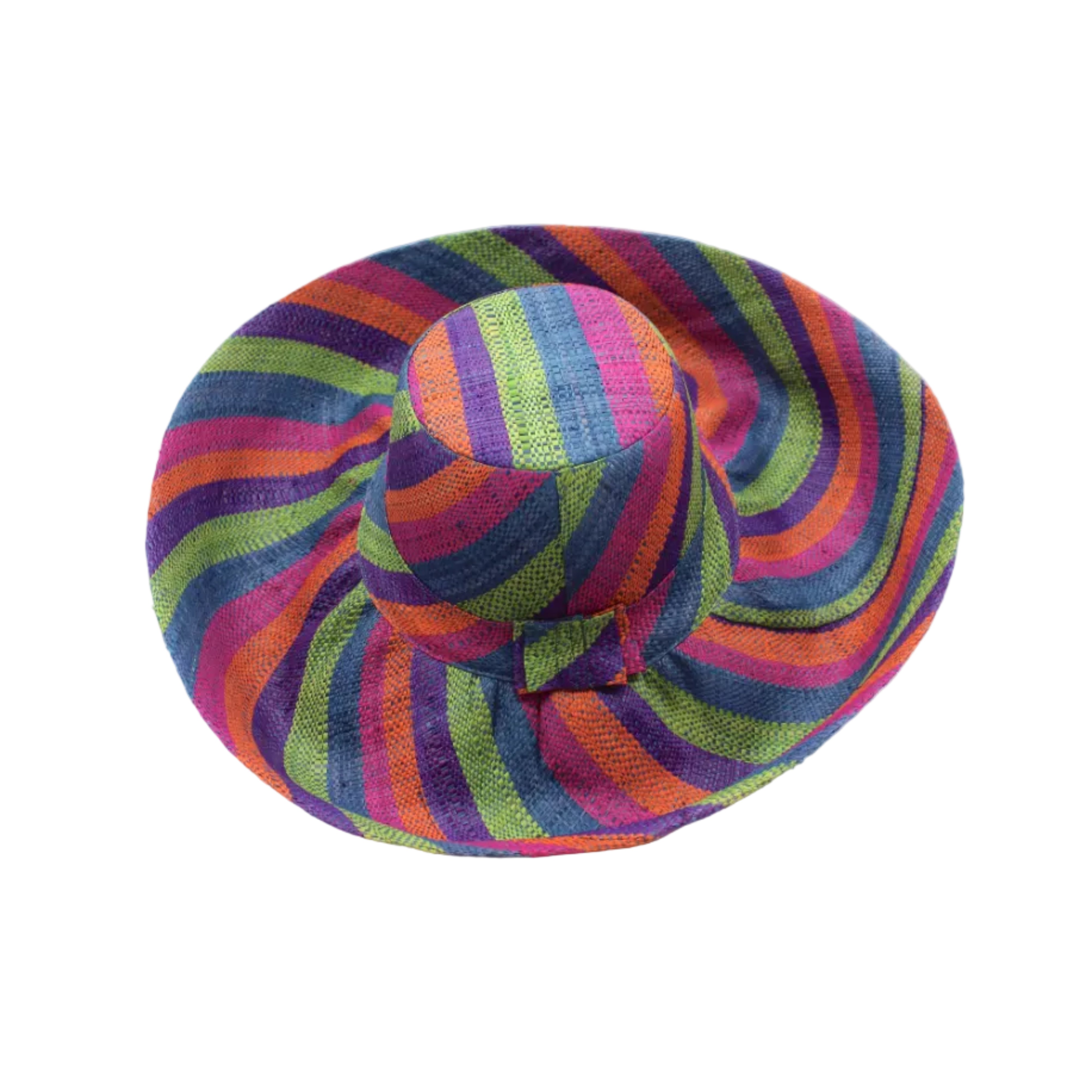 Monica 5" & 7" Wide Brim Riviera Swirl Multicolor Stripes Packable Straw Sun Hat handmade loomed raffia in bands of fuchsia hot/bright/pink, purple, coral orange/red, midori lime/green, and turquoise blue stripes create a swirl pattern - Shebobo