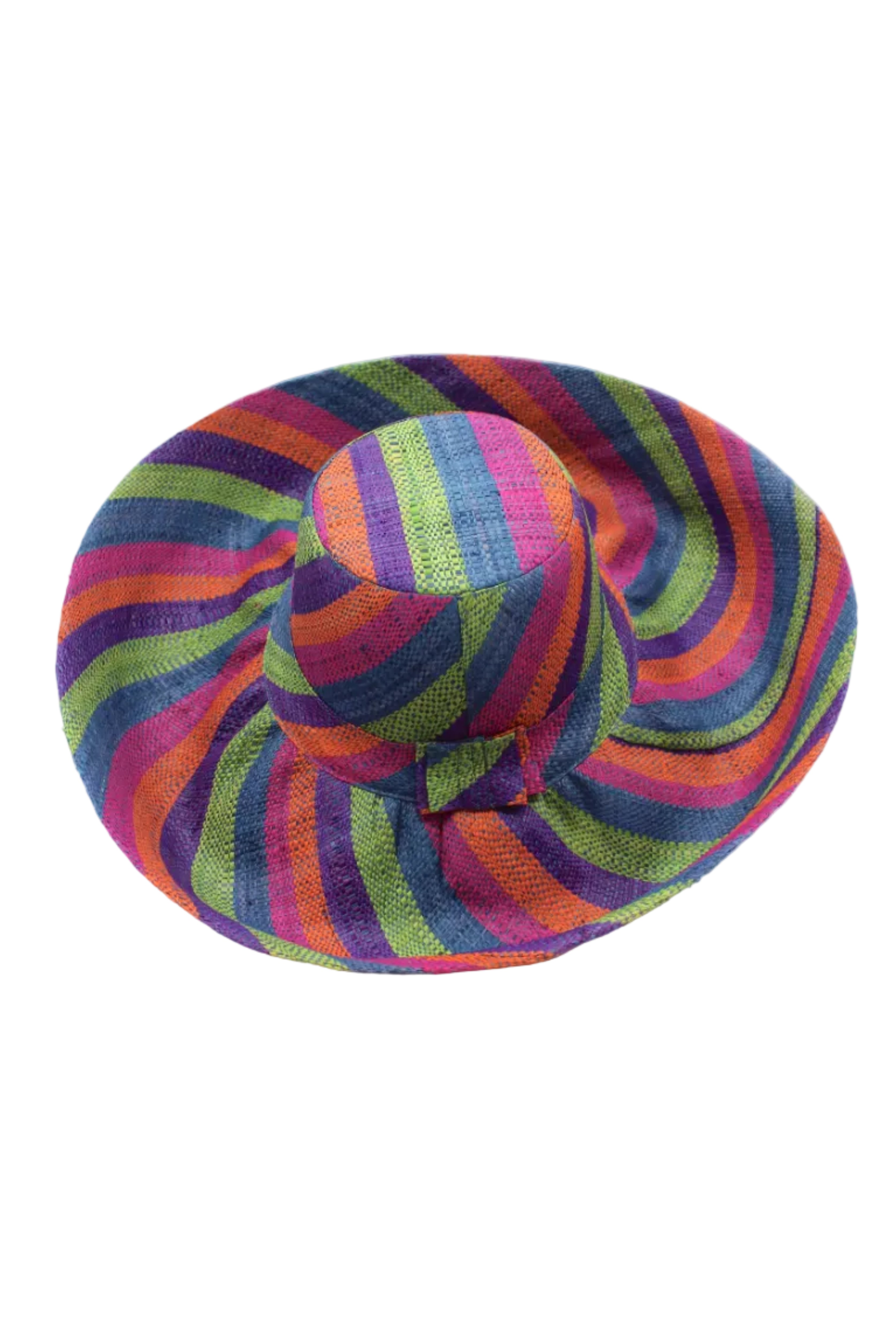 Monica 5" & 7" Wide Brim Riviera Swirl Multicolor Stripes Packable Straw Sun Hat handmade loomed raffia in bands of fuchsia hot/bright/pink, purple, coral orange/red, midori lime/green, and turquoise blue stripes create a swirl pattern - Shebobo