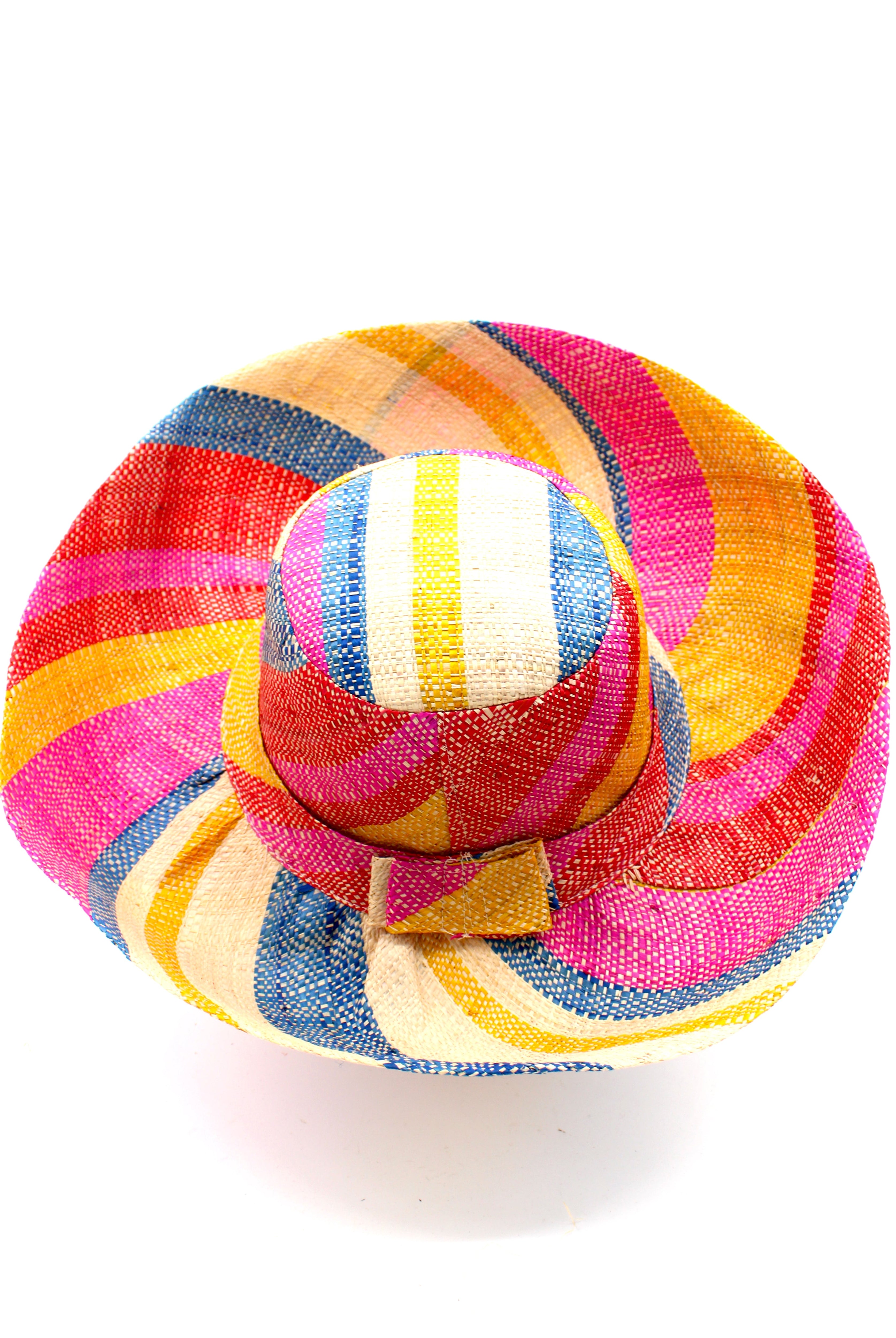 Monica 5" & 7" Wide Brim Sassafras Swirl Multicolor Stripes Packable Straw Sun Hat Handmade loomed raffia in multi width bands of fuchsia pink, red, saffron yellow, navy blue, and natural straw color create a swirl pattern - Shebobo