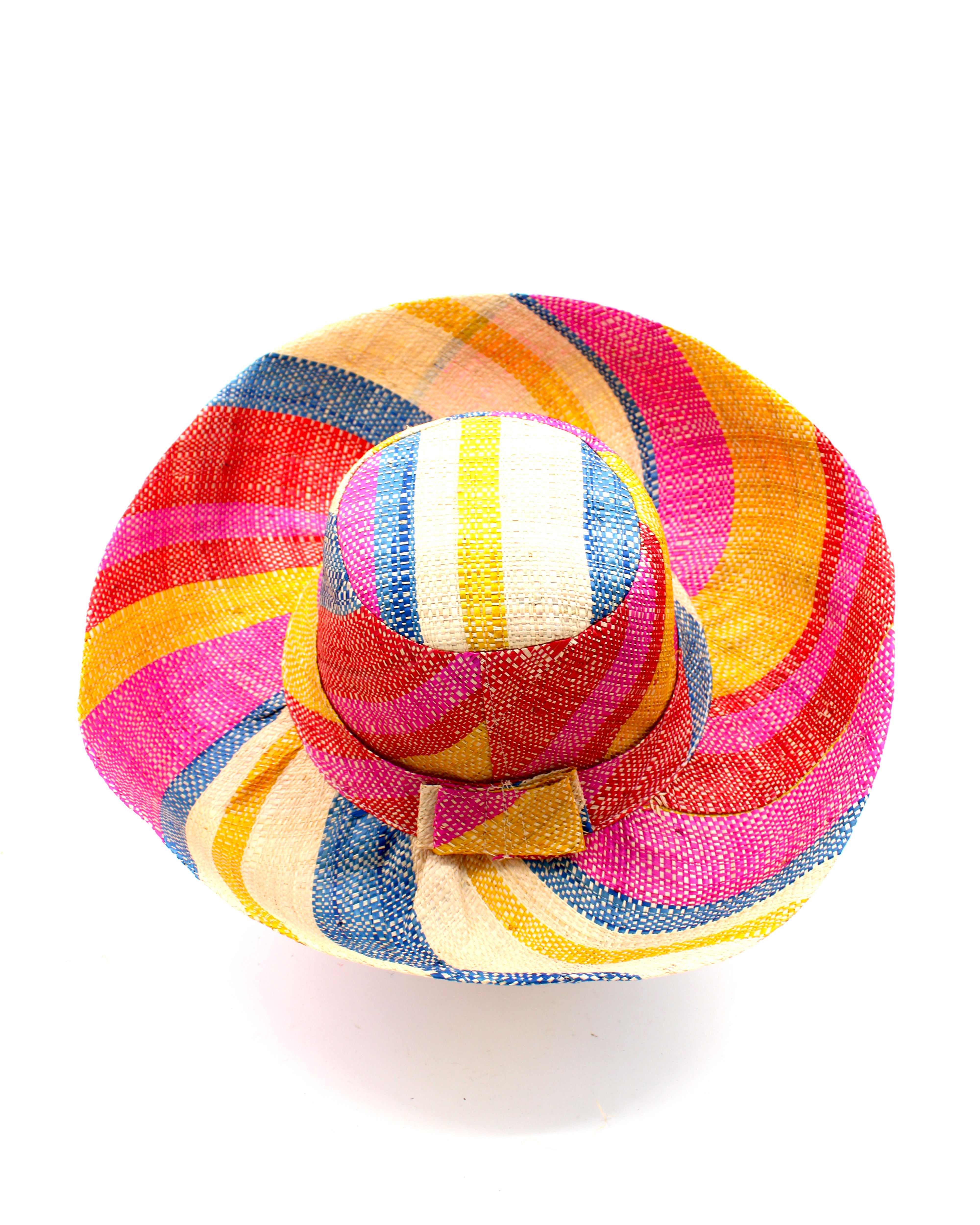 Monica 5" & 7" Wide Brim Sassafras Swirl Multicolor Stripes Packable Straw Sun Hat Handmade loomed raffia in multi width bands of fuchsia pink, red, saffron yellow, navy blue, and natural straw color create a swirl pattern - Shebobo