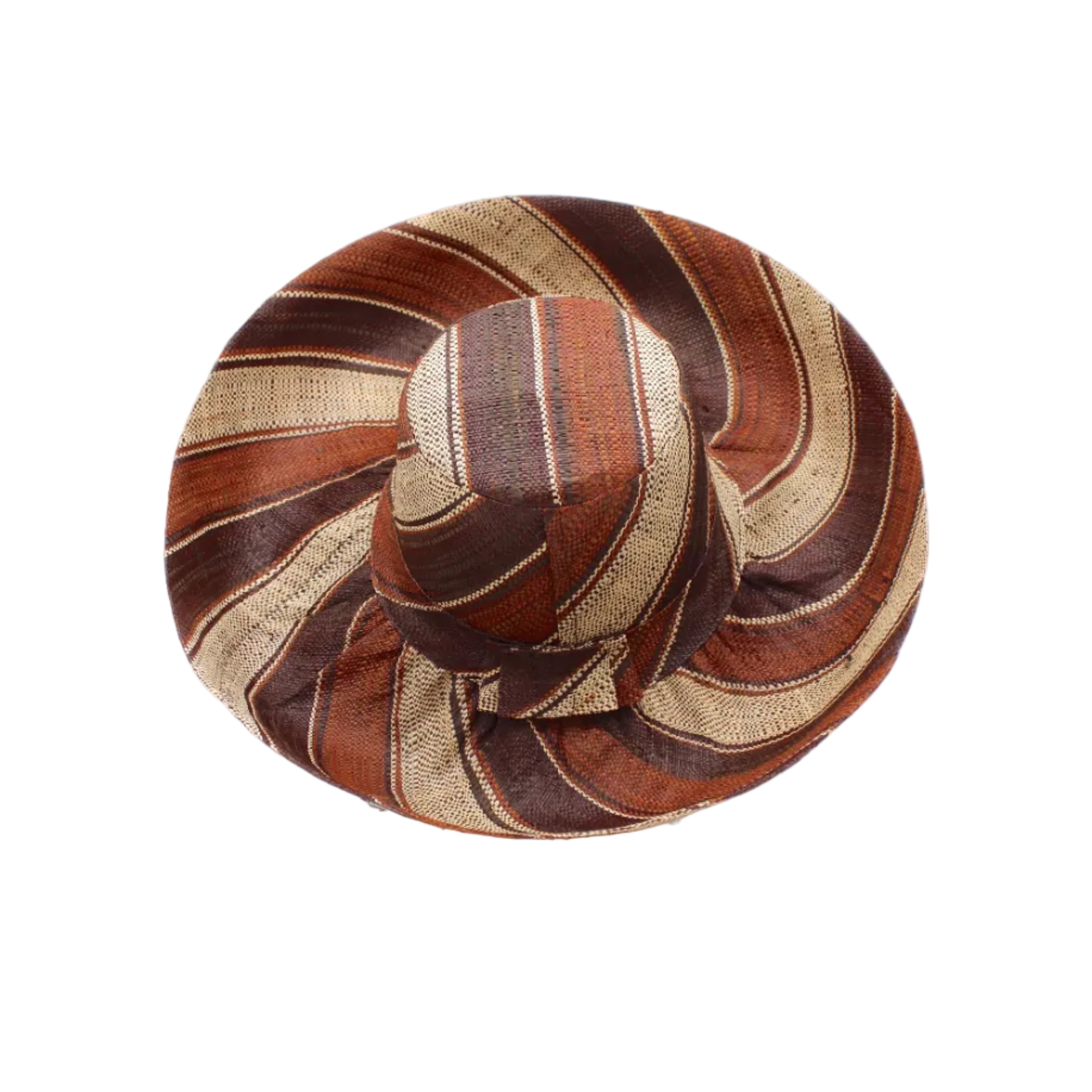 Monica 5" & 7" Wide Brim Tawny Swirl Multicolor Stripes Packable Straw Sun Hat handmade loomed raffia in bands of natural straw color, mocha dark/chocolate/brown, and tobacco cinnamon/dark/brown stripes create a swirl pattern - Shebobo