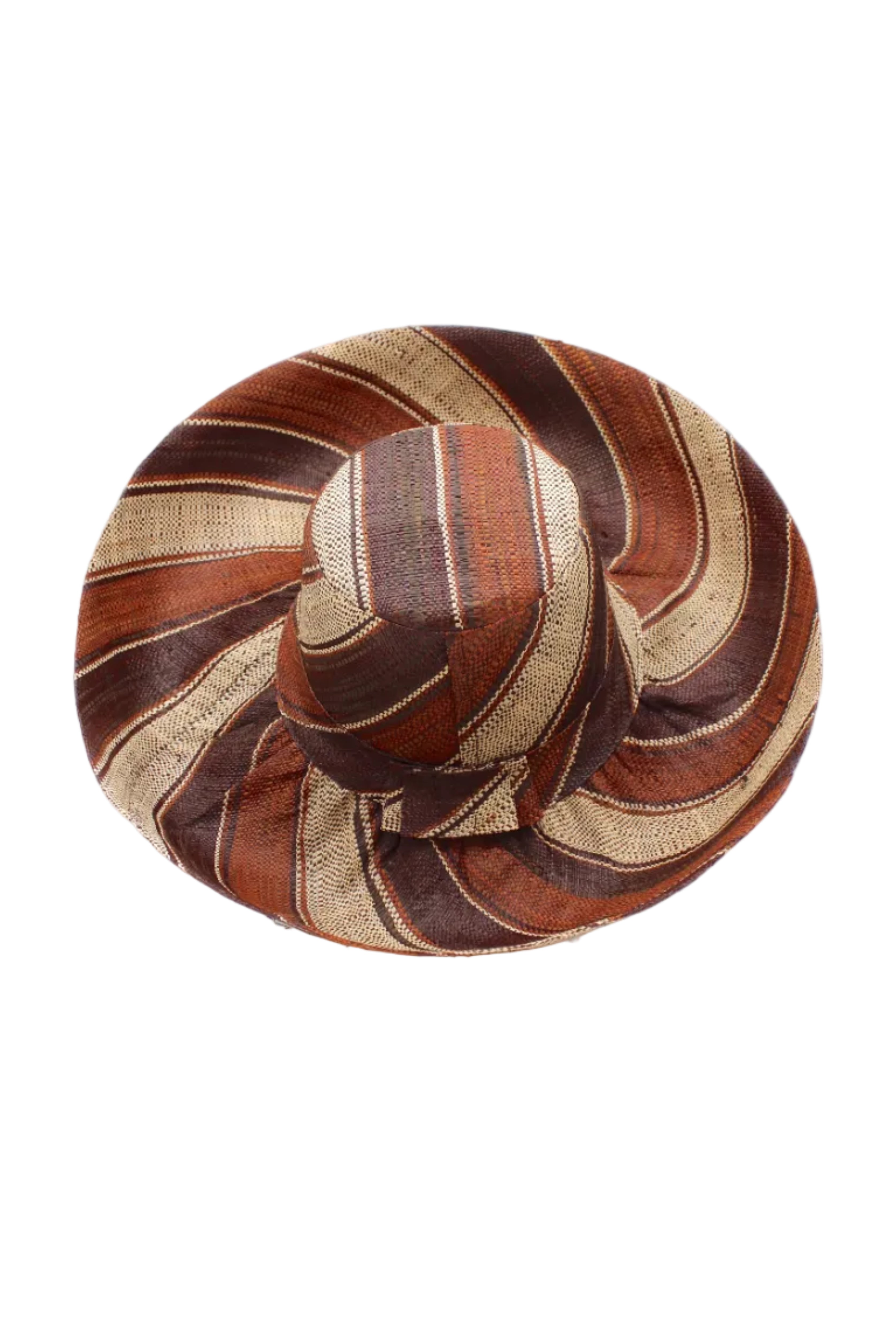 Monica 5" & 7" Wide Brim Tawny Swirl Multicolor Stripes Packable Straw Sun Hat handmade loomed raffia in bands of natural straw color, mocha dark/chocolate/brown, and tobacco cinnamon/dark/brown stripes create a swirl pattern - Shebobo