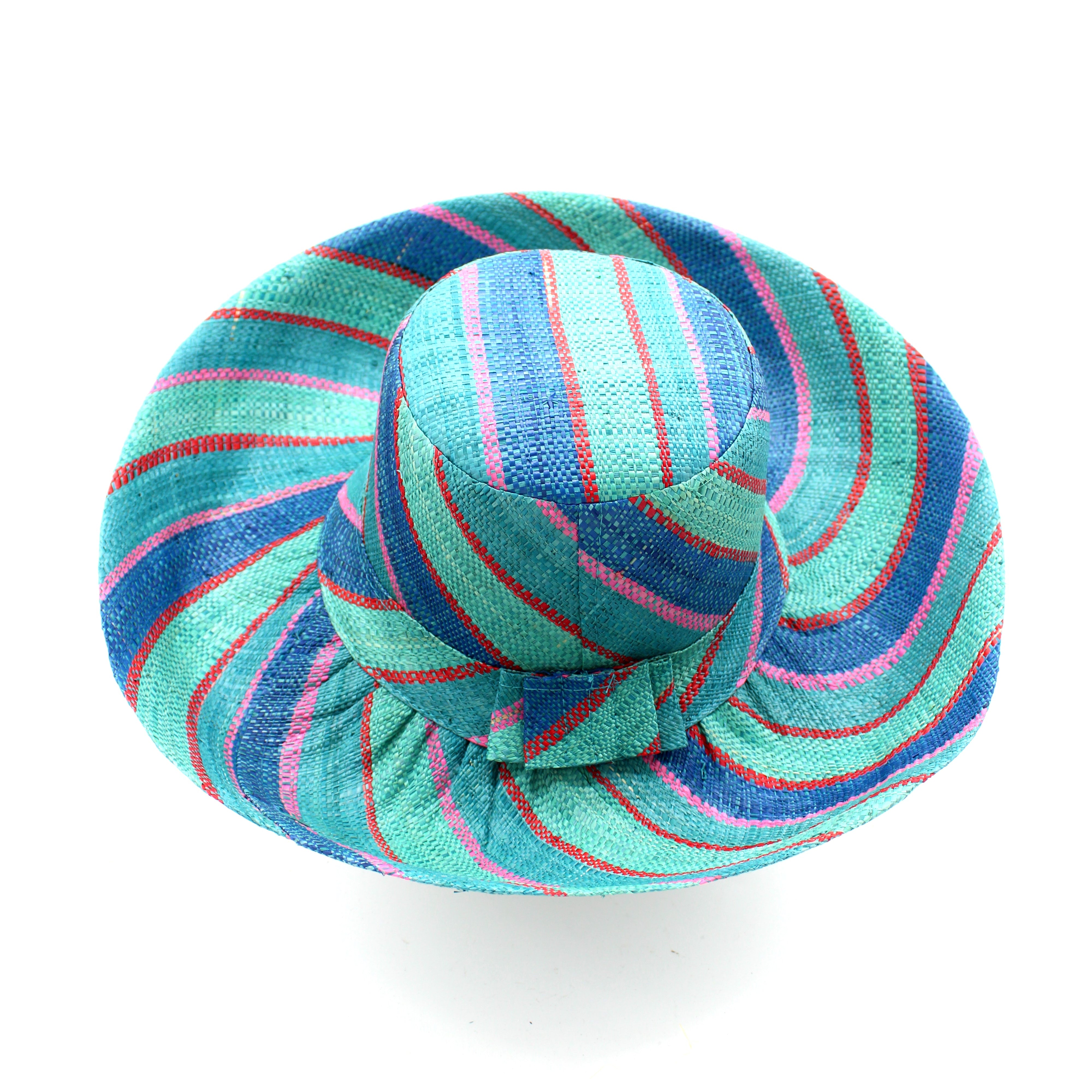 Monica 5" & 7" Wide Brim Teal Swirl Multicolor Stripes Packable Straw Sun Hat Handmade loomed raffia in multi width bands of teal blue/green, seafoam green/blue, red, and pink create a swirl pattern - Shebobo