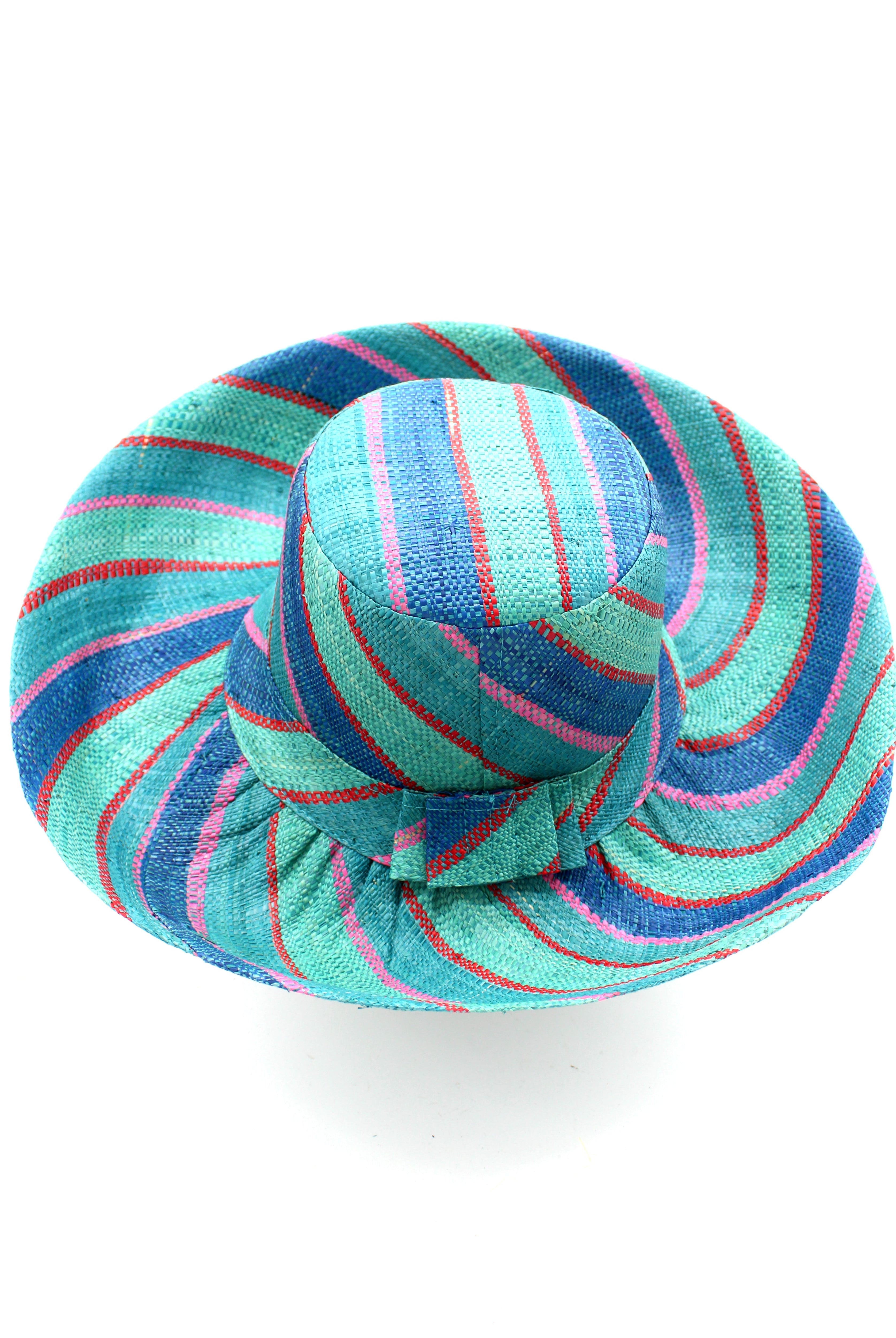 Monica 5" & 7" Wide Brim Teal Swirl Multicolor Stripes Packable Straw Sun Hat Handmade loomed raffia in multi width bands of teal blue/green, seafoam green/blue, red, and pink create a swirl pattern - Shebobo
