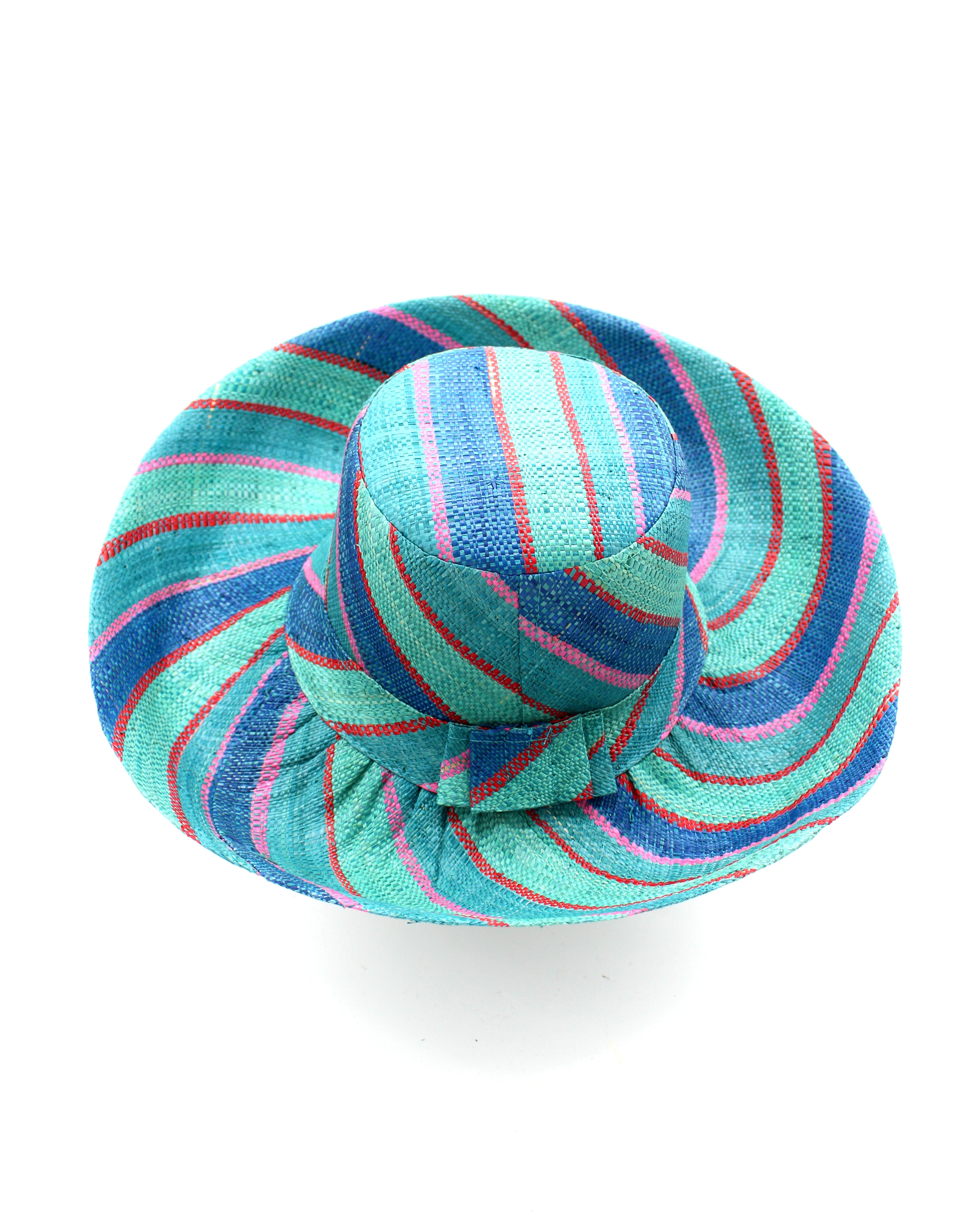 Monica 5" & 7" Wide Brim Teal Swirl Multicolor Stripes Packable Straw Sun Hat Handmade loomed raffia in multi width bands of teal blue/green, seafoam green/blue, red, and pink create a swirl pattern - Shebobo