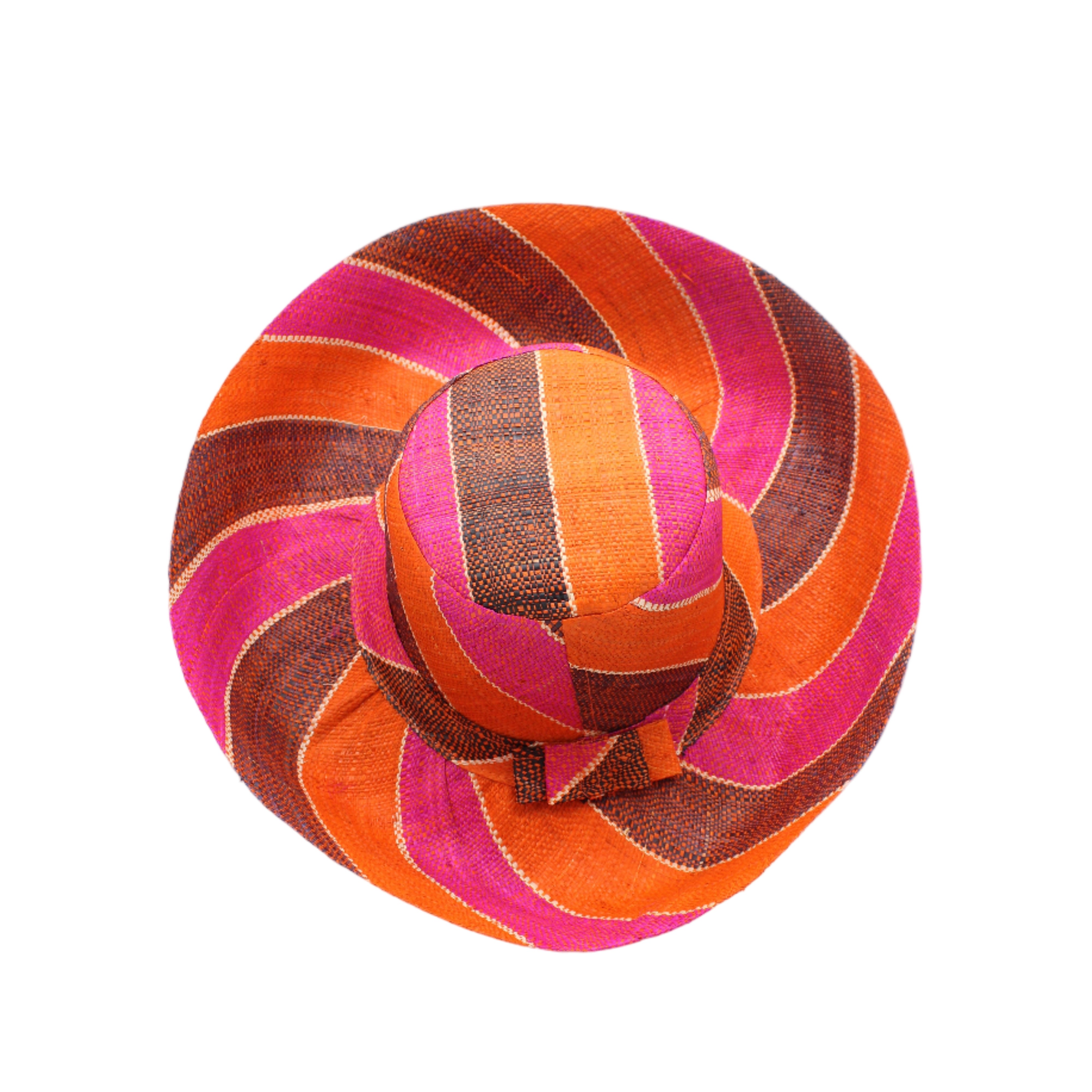 Monica 5" & 7" Wide Brim Whimsy Swirl Multicolor Stripes Packable Straw Sun Hat Handmade loomed raffia in multi width bands of coral orange, fuchsia pink, black, natural straw color, etc. create a swirl pattern - Shebobo