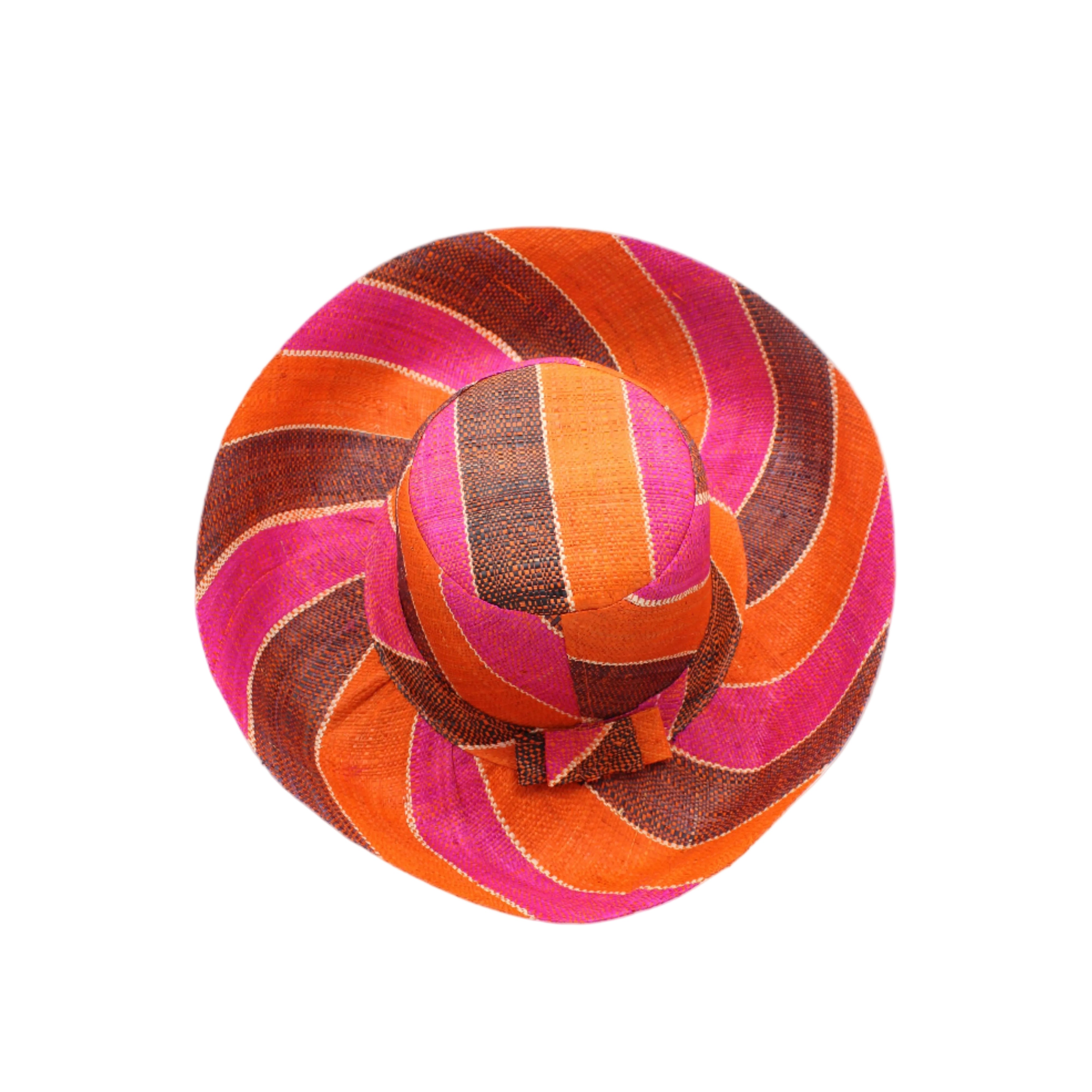 Monica 5" & 7" Wide Brim Whimsy Swirl Multicolor Stripes Packable Straw Sun Hat Handmade loomed raffia in multi width bands of coral orange, fuchsia pink, black, natural straw color, etc. create a swirl pattern - Shebobo