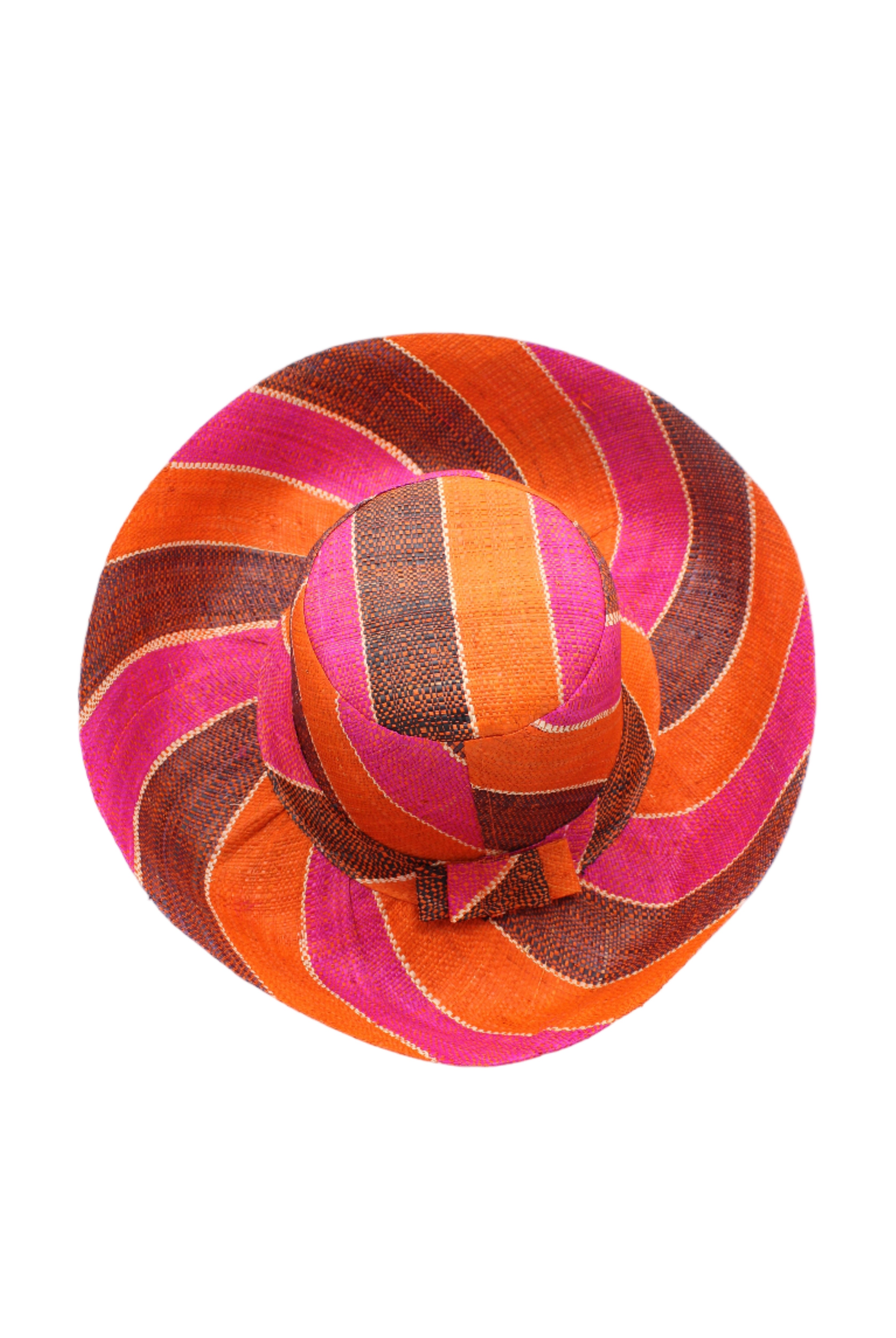 Monica 5" & 7" Wide Brim Whimsy Swirl Multicolor Stripes Packable Straw Sun Hat Handmade loomed raffia in multi width bands of coral orange, fuchsia pink, black, natural straw color, etc. create a swirl pattern - Shebobo