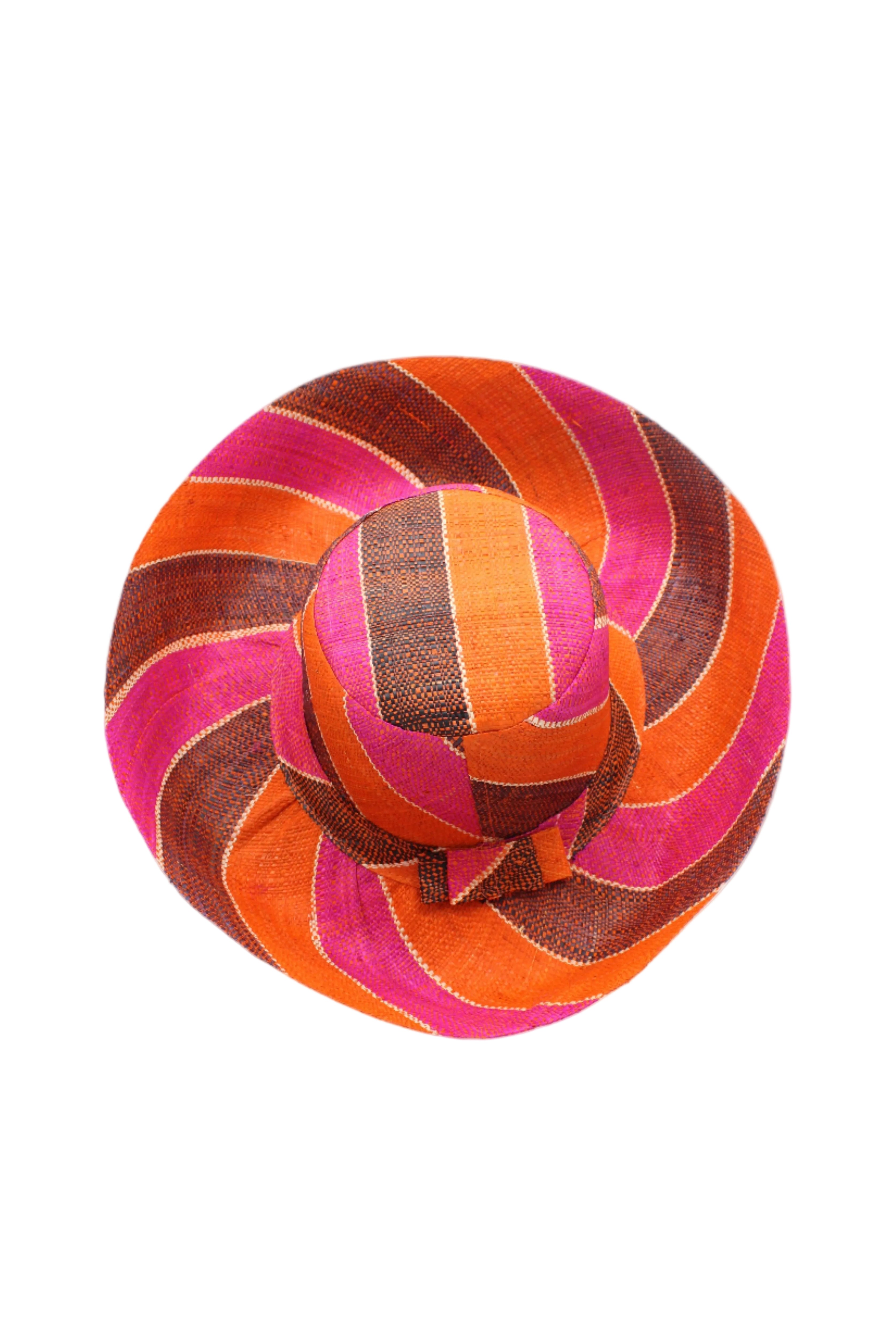 Monica 5" & 7" Wide Brim Whimsy Swirl Multicolor Stripes Packable Straw Sun Hat Handmade loomed raffia in multi width bands of coral orange, fuchsia pink, black, natural straw color, etc. create a swirl pattern - Shebobo
