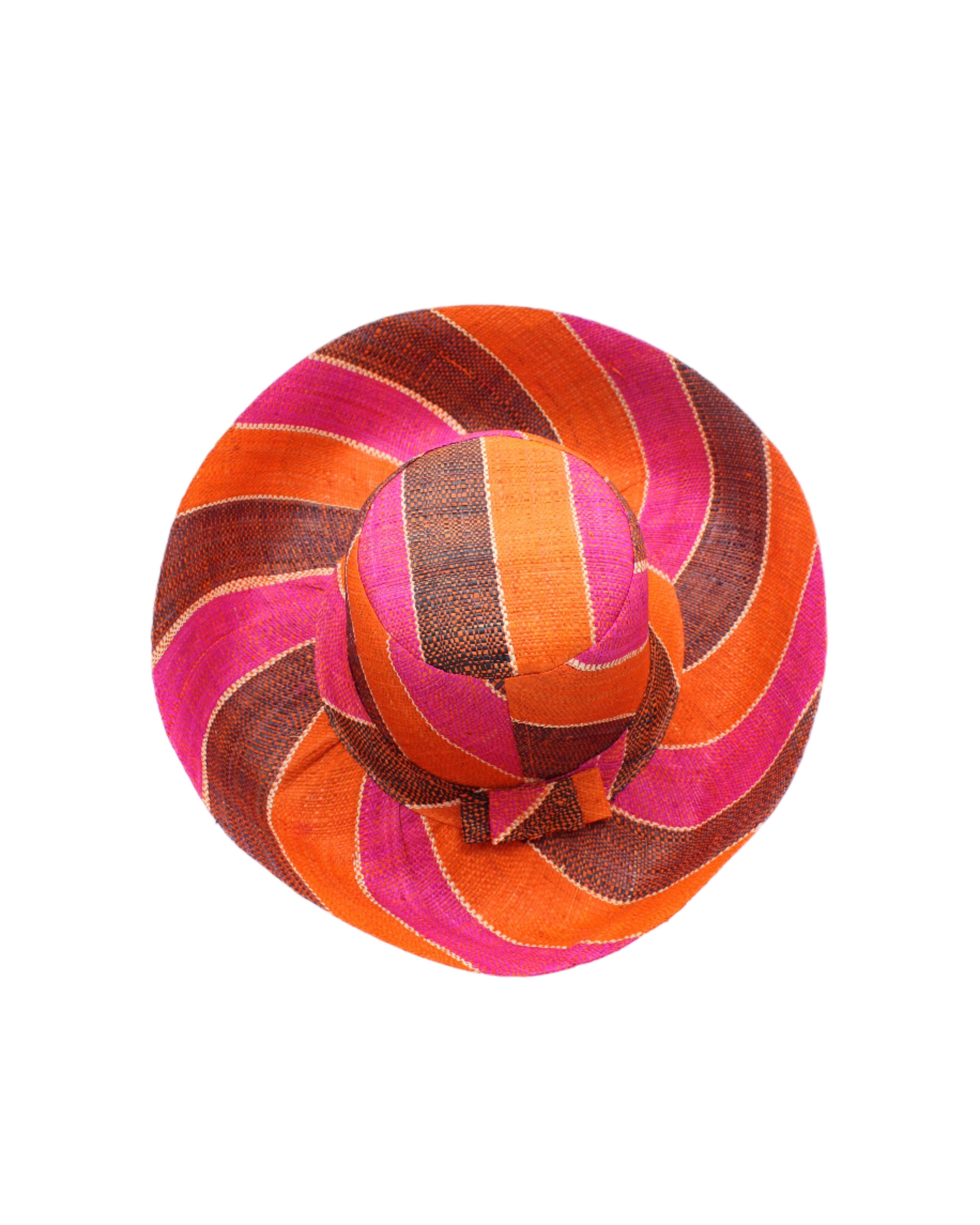 Monica 5" & 7" Wide Brim Whimsy Swirl Multicolor Stripes Packable Straw Sun Hat Handmade loomed raffia in multi width bands of coral orange, fuchsia pink, black, natural straw color, etc. create a swirl pattern - Shebobo