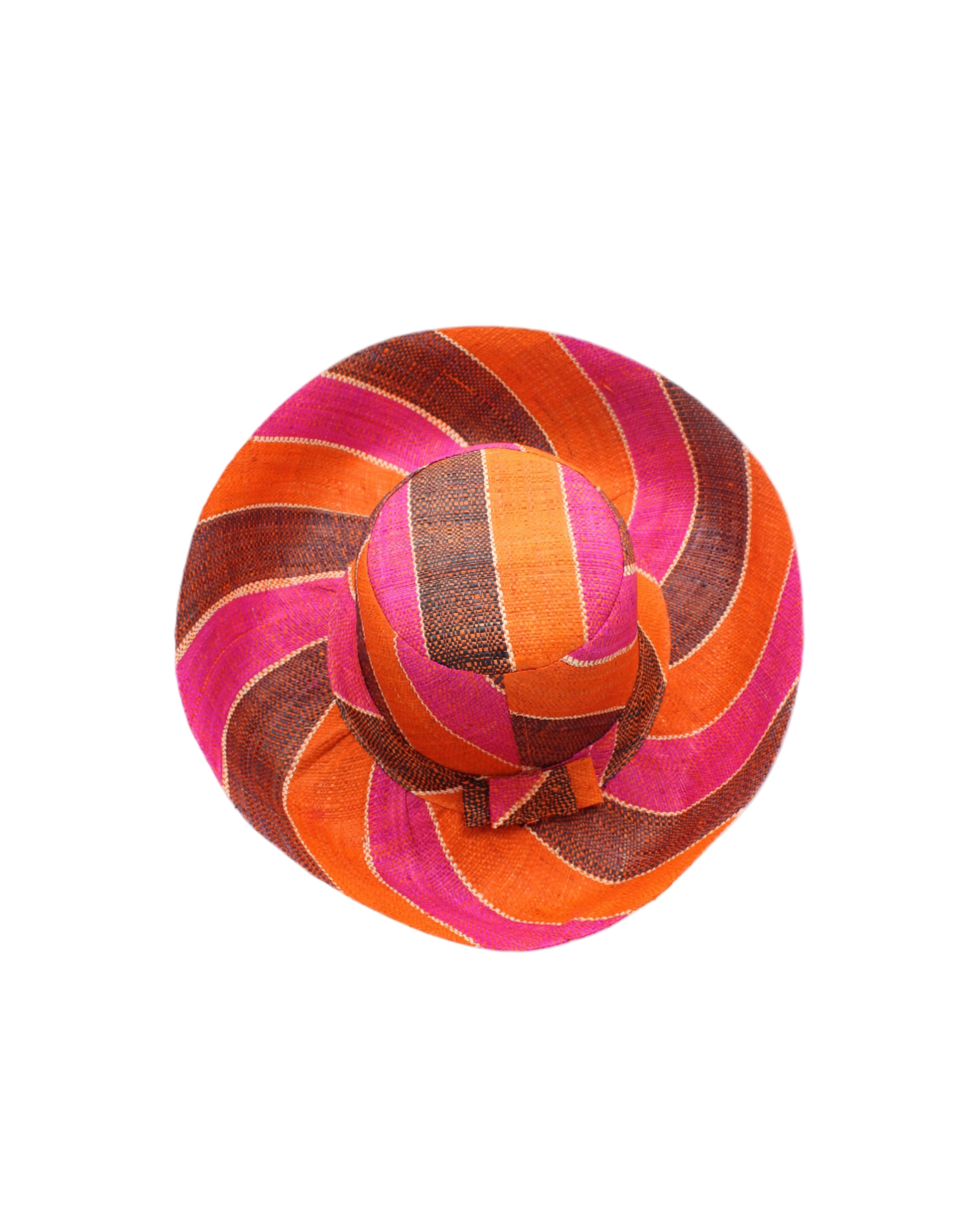 Monica 5" & 7" Wide Brim Whimsy Swirl Multicolor Stripes Packable Straw Sun Hat Handmade loomed raffia in multi width bands of coral orange, fuchsia pink, black, natural straw color, etc. create a swirl pattern - Shebobo