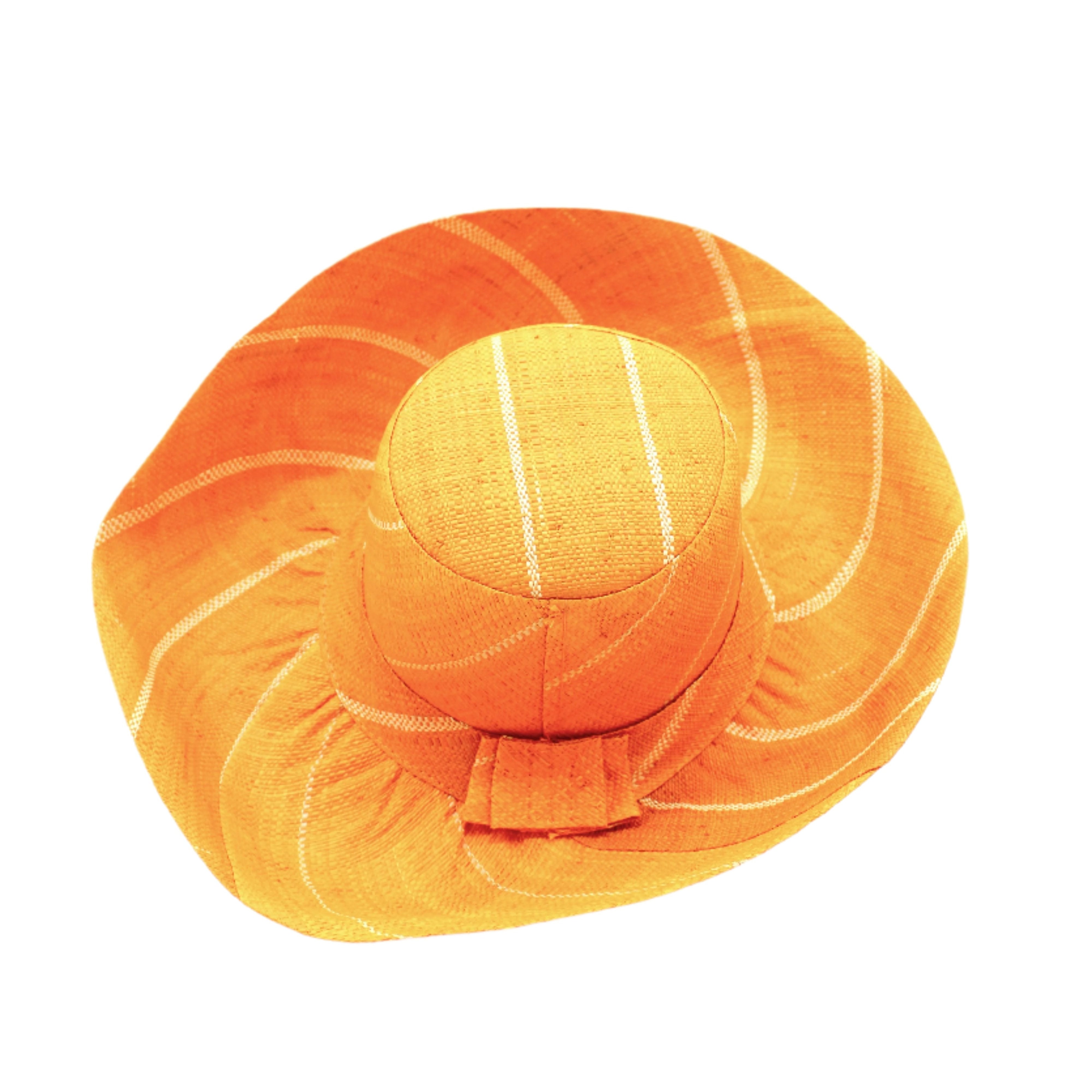 Monica 5" & 7" Wide Brim Saffron Pinstripes Packable Straw Sun Hat handmade loomed raffia in wide stripes of saffron yellow/orange with narrow stripes of natural creating a swirl pattern - Shebobo