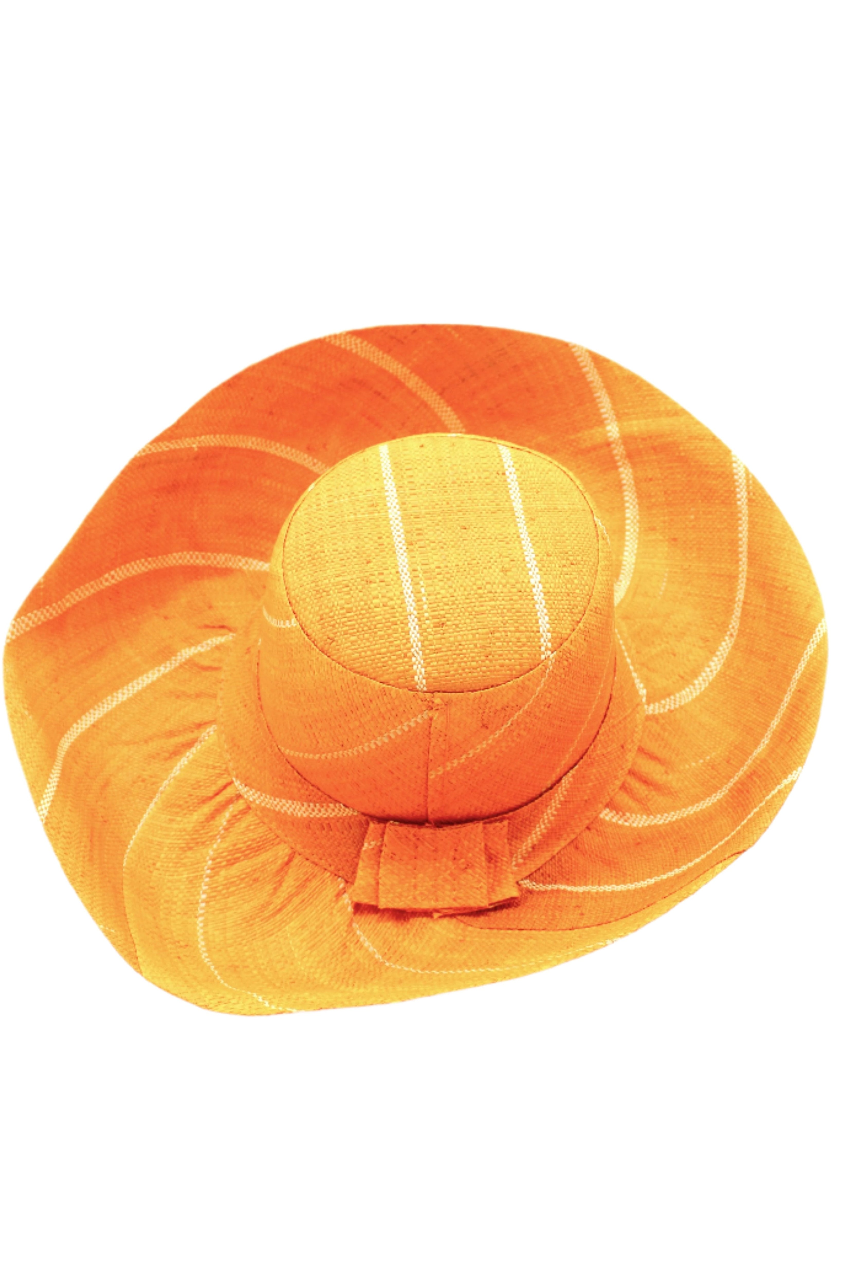 Monica 5" & 7" Wide Brim Saffron Pinstripes Packable Straw Sun Hat handmade loomed raffia in wide stripes of saffron yellow/orange with narrow stripes of natural creating a swirl pattern - Shebobo