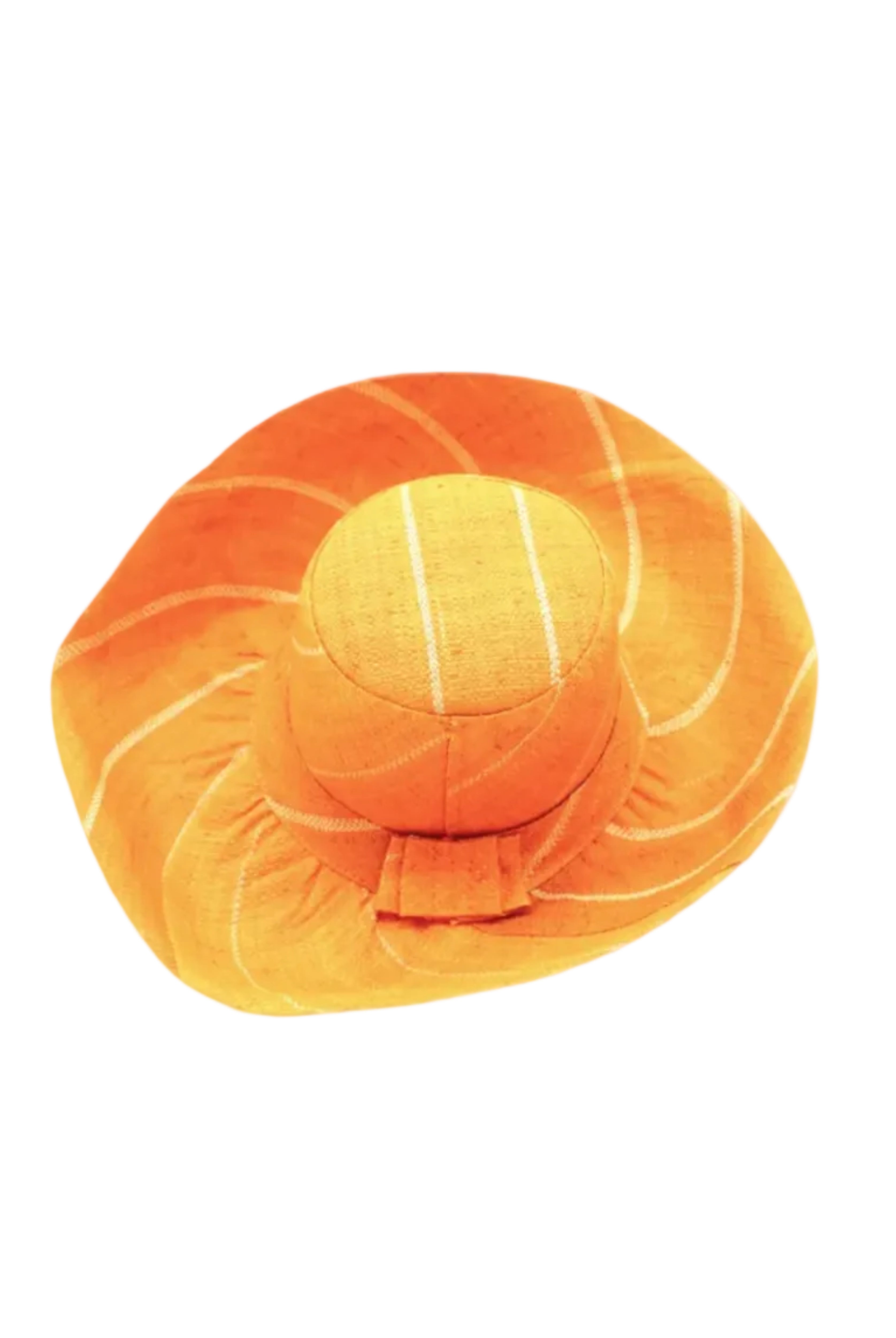 Monica 5" & 7" Wide Brim Saffron Pinstripes Packable Straw Sun Hat handmade loomed raffia in wide stripes of saffron yellow/orange with narrow stripes of natural creating a swirl pattern - Shebobo