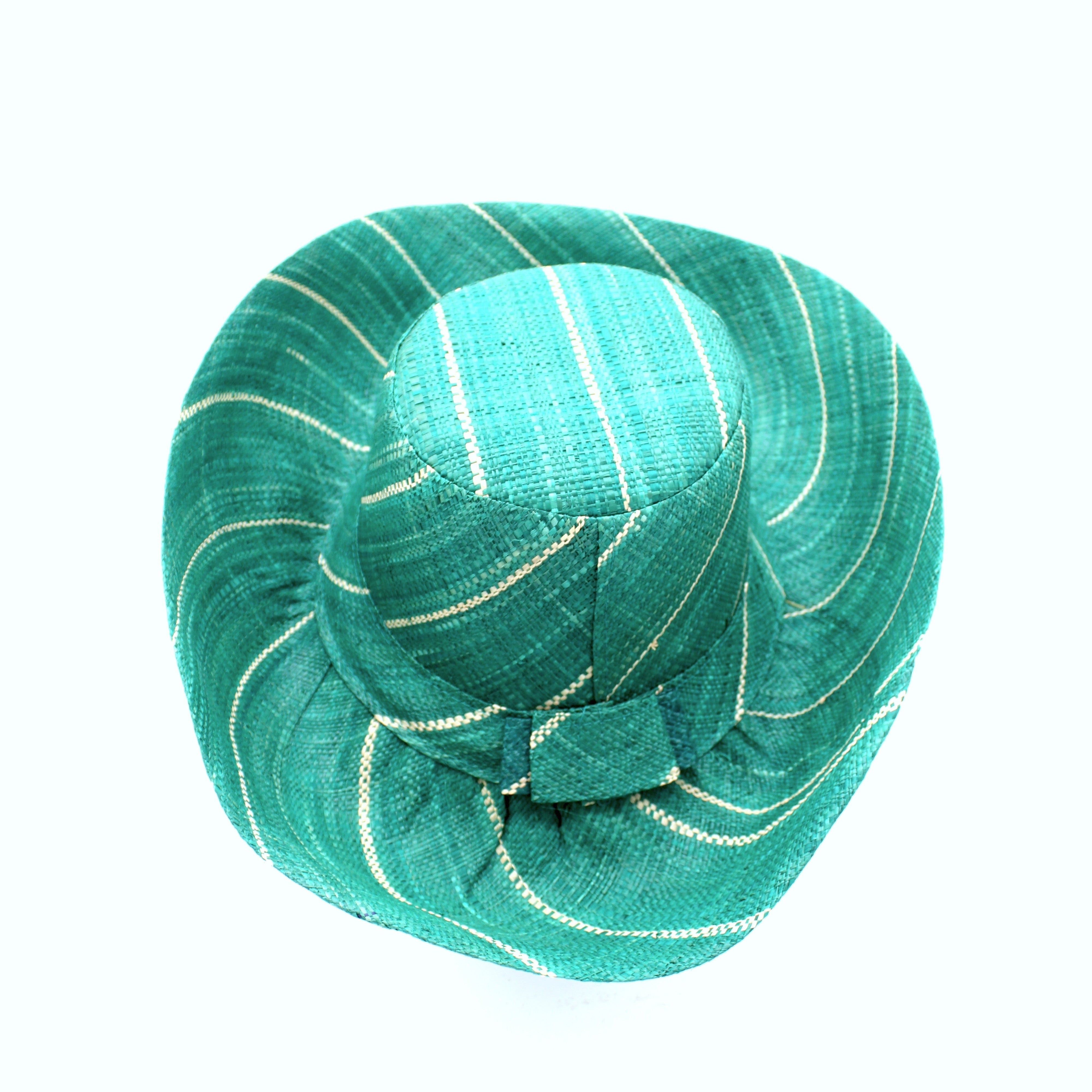 Monica 5" & 7" Wide Brim Teal Pinstripes Packable Straw Sun Hat handmade loomed raffia in wide stripes of teal dark/green/blue with narrow stripes of natural creating a swirl pattern - Shebobo