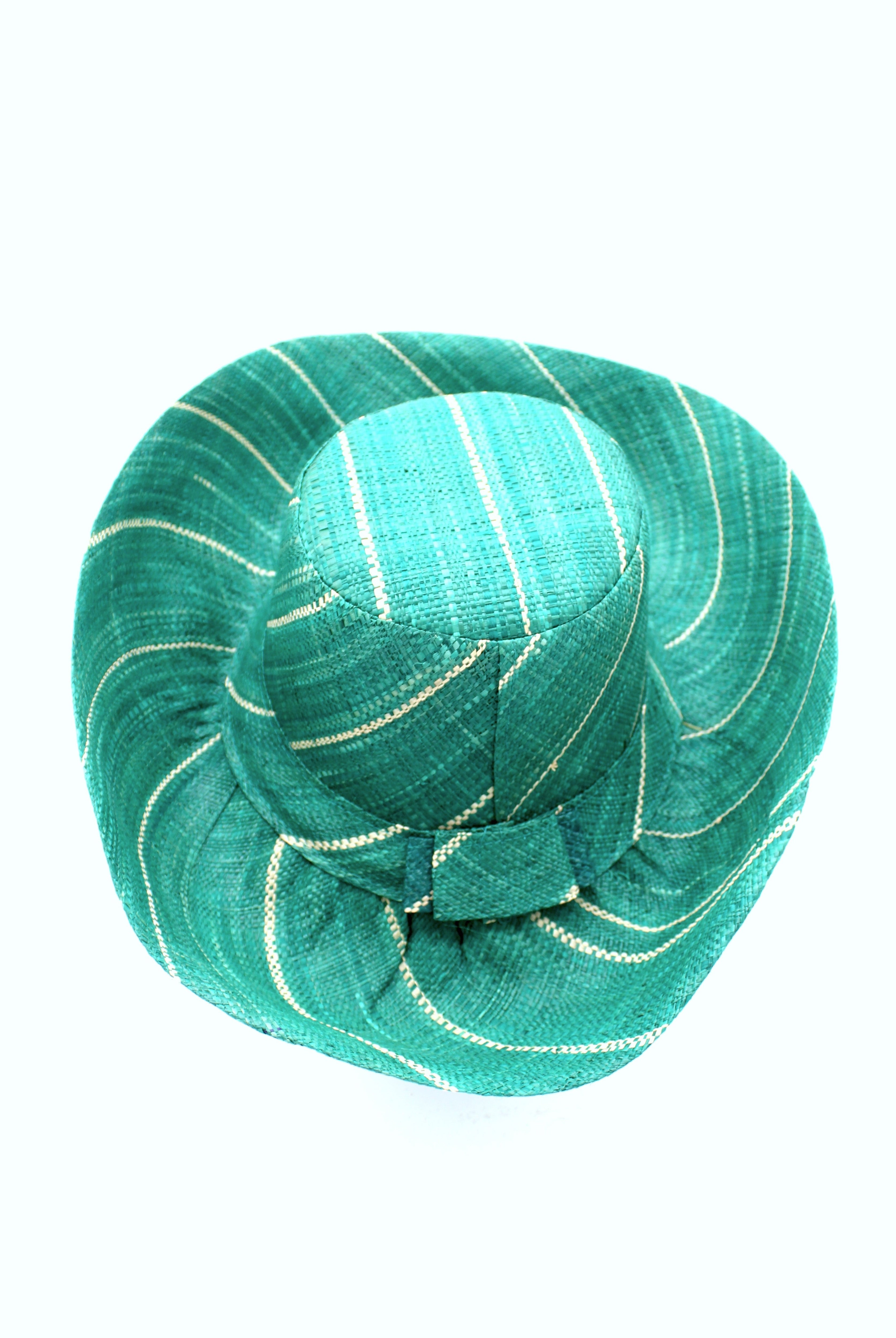 Monica 5" & 7" Wide Brim Teal Pinstripes Packable Straw Sun Hat handmade loomed raffia in wide stripes of teal dark/green/blue with narrow stripes of natural creating a swirl pattern - Shebobo
