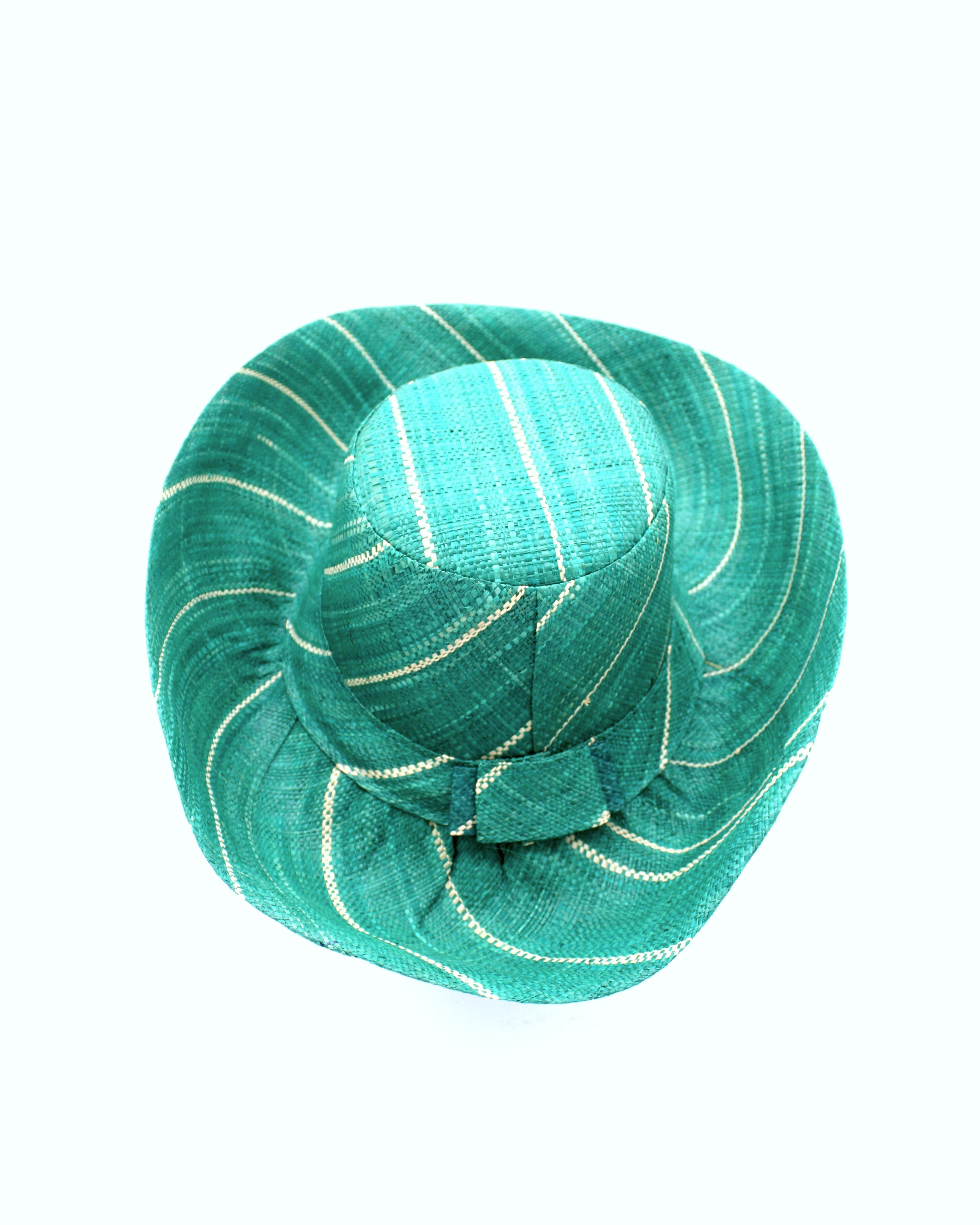 Monica 5" & 7" Wide Brim Teal Pinstripes Packable Straw Sun Hat handmade loomed raffia in wide stripes of teal dark/green/blue with narrow stripes of natural creating a swirl pattern - Shebobo