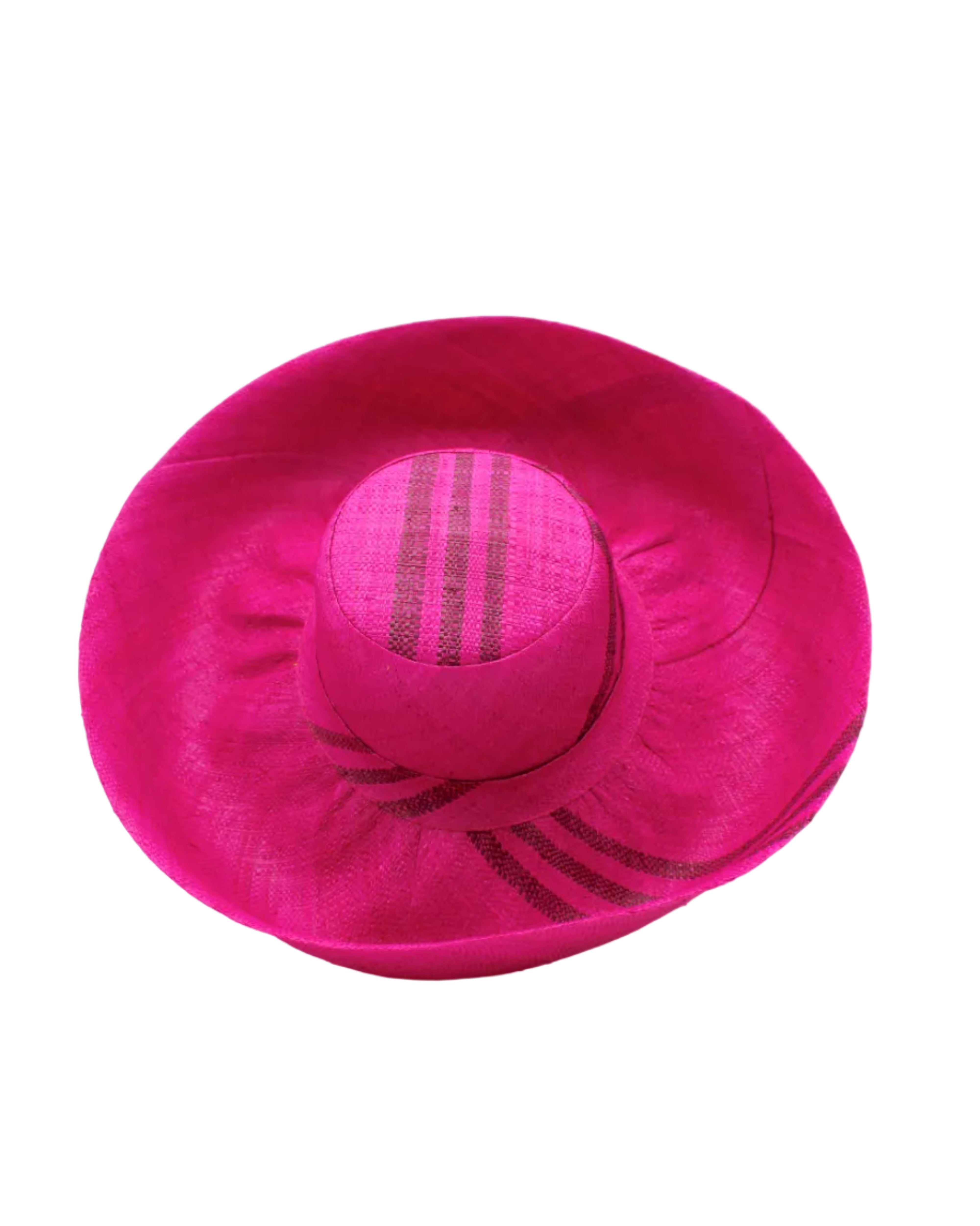 Monica 5" & 7" Wide Brim Racing Stripe Packable Straw Sun Hats handmade loomed natural raffia palm fiber in a solid hue of fuchsia hot/bright/barbie/pink with a three stripe racing stripe pinstripe pattern of umberwine burgundy/dark/purple/red that creates a swirl around the crown and brim of the hat lightweight breathable sun protection - Shebobo