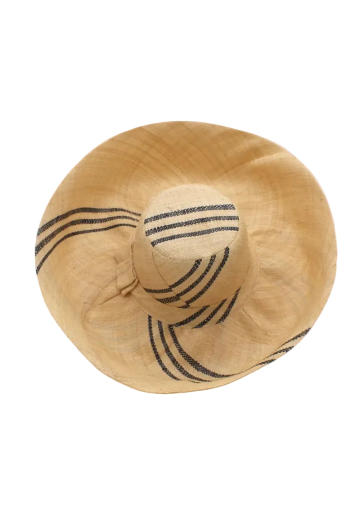 Monica 5" & 7" Wide Brim Racing Stripe Packable Straw Sun Hats handmade loomed natural raffia palm fiber in a solid hue of natural straw color with a black three stripe racing stripe pinstripe pattern that creates a swirl around the crown and brim of the hat lightweight breathable sun protection - Shebobo